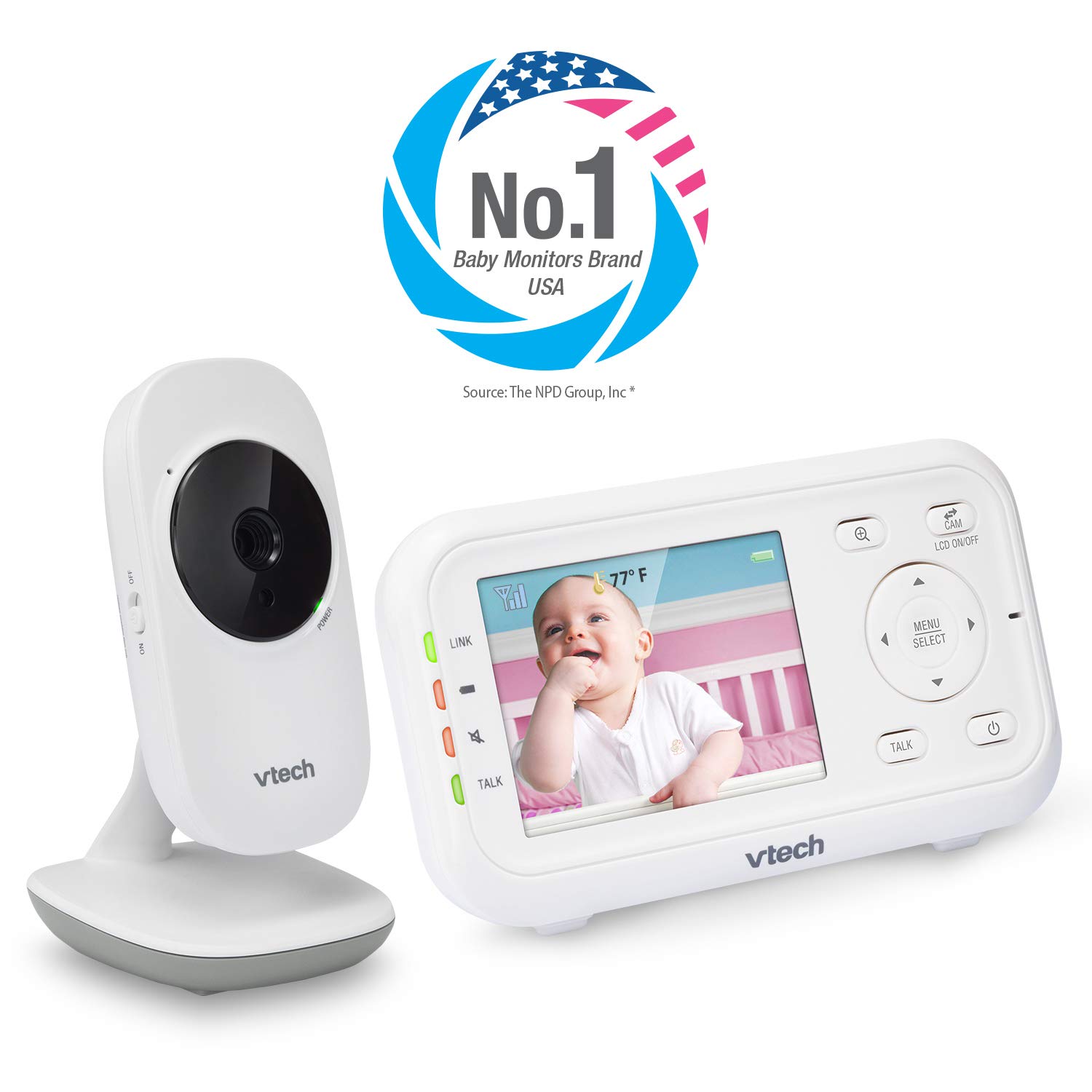 615L9QRY2fL._SL1500_.jpg VTech Video Baby Monitor with 1000ft Long Range, Auto Night Vision, 2.8” Screen, 2-Way Audio Talk, Temperature Sensor, Power Saving Mode, Lullabies and Wall-mountable Camera with Bracket, White