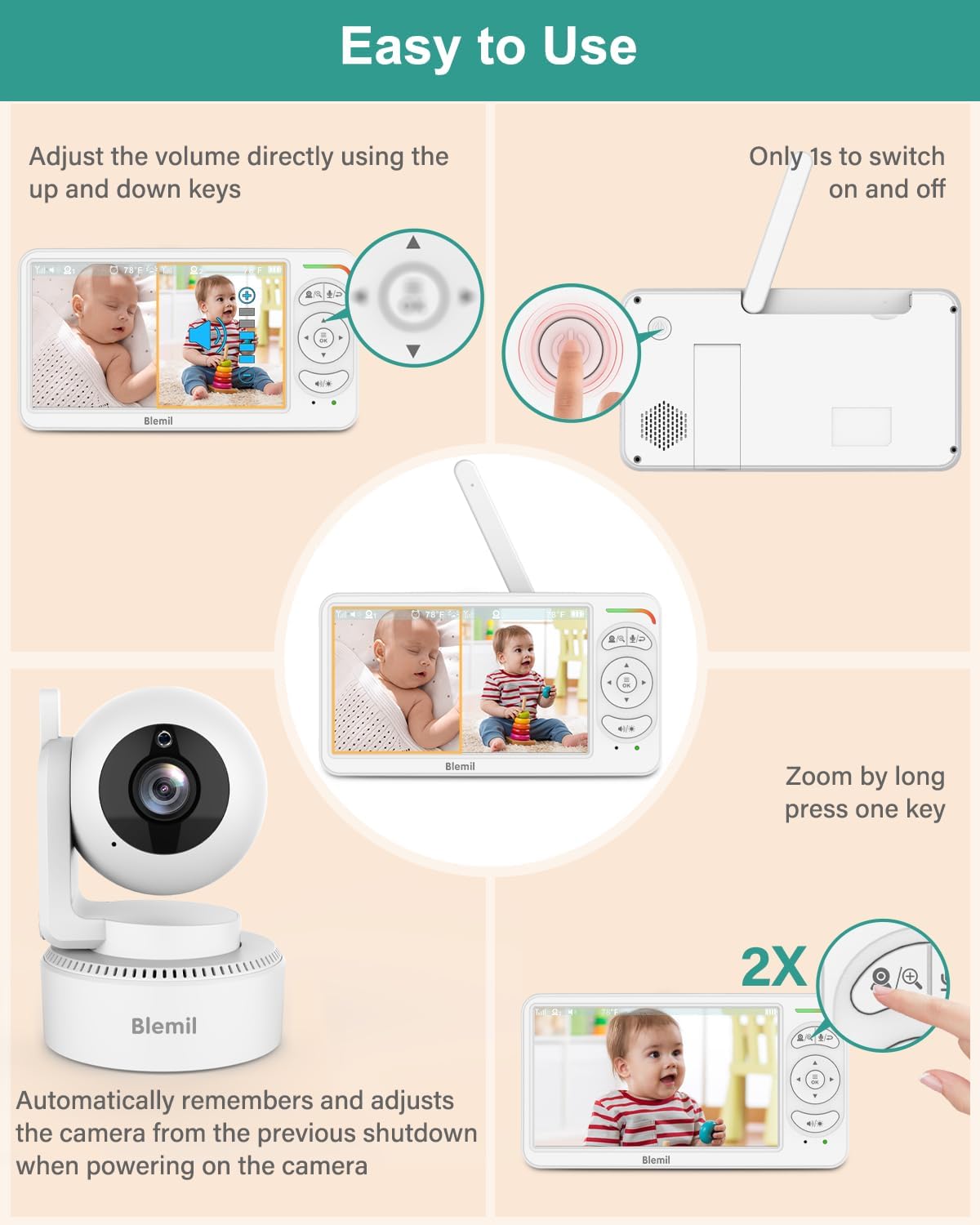 61B1Z51VyL._AC_SL1500_.jpg 6" Baby Monitor with 2 Cameras and Audio 30 Hours Battery Upgrade Split Screen Video Baby Monitor Remote Pan-Tilt-Zoom 178°Wide-Angle 150 Languages No WiFi ECO 2-Way Talk Night Vision 1000ft Travel