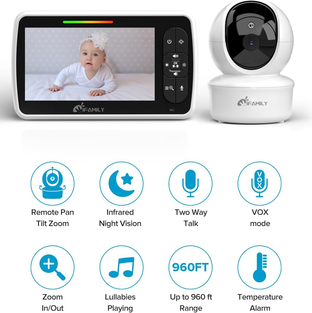61Bm36wqOlL._AC_SL1500_.jpg iFamily Baby Monitor - Large 5" Screen with 30Hrs Battery Life - Remote Pan-Tilt-Zoom;No WiFi, Two-Way Audio, Night Vision, Temperature, Lullabies, 960ft Long Range Baby Monitor with Camera and Audio