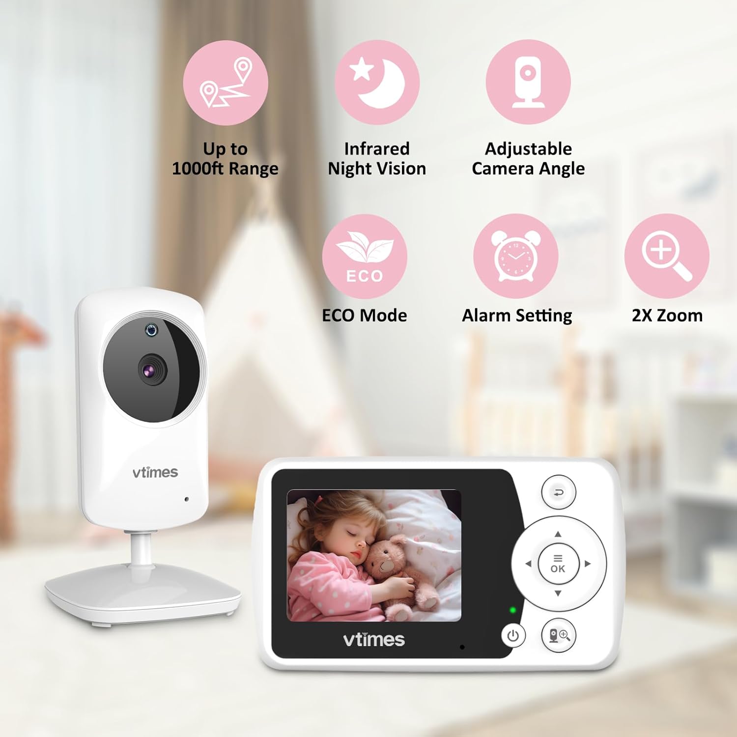 Baby Monitor with Camera and Audio, Video Baby Monitor No WiFi Night Vision, 2.4" LCD Screen Portable Baby Camera VOX Temperature Sensor Lullaby Alarm 1000ft Range, Ideal for Baby/Elderly/Pet