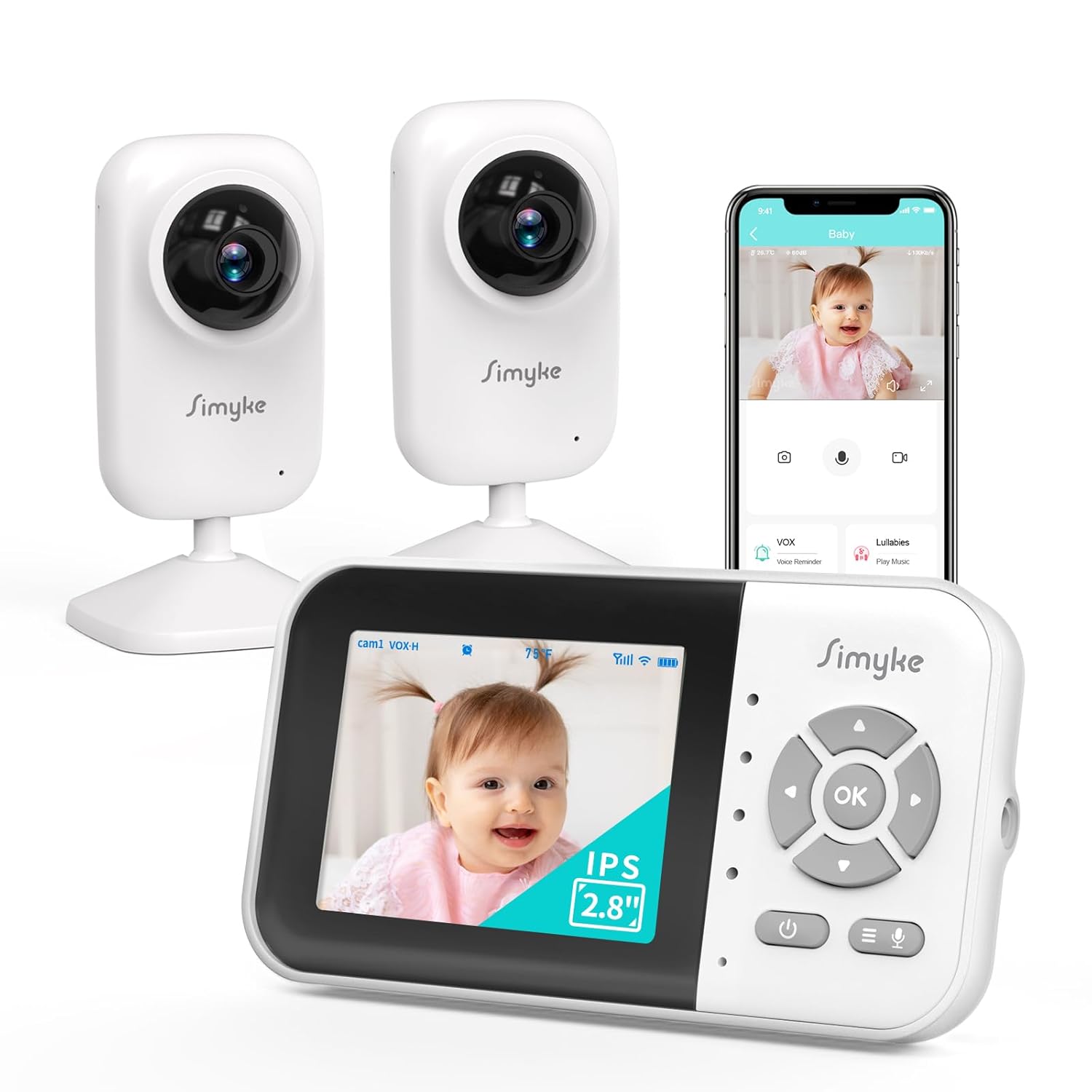 Upgrade Video Baby Monitor with 2 Cameras and Audio 2.8" Screen, Night Vision, APP, 2 Way Talk, 1200ft Long Range, Feeding Clock, Temperature Detection, Portable Wireless Baby Cam Home Use