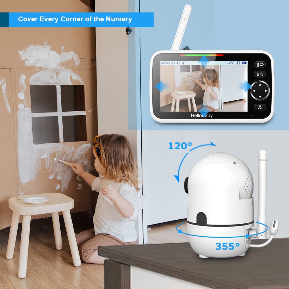 HelloBaby No WiFi Baby Monitor 5" Screen 30-Hour Battery Pan-Tilt-Zoom Video Upgrade with Camera and Audio, Night Vision, VOX, 2-Way Talk, 8 Lullabies and 1000ft Range