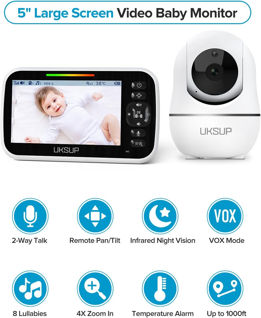 61pxoA19GAL._AC_SL1500_.jpg Baby Monitor with Camera and Audio- Video Baby Monitor with 960ft Long Range, Remote Pan-Tilt-Zoom, Night Vision, Temperature Sensor, 2-Way Talk, 8 Lullabies, 30-Hour Battery & No WiFi