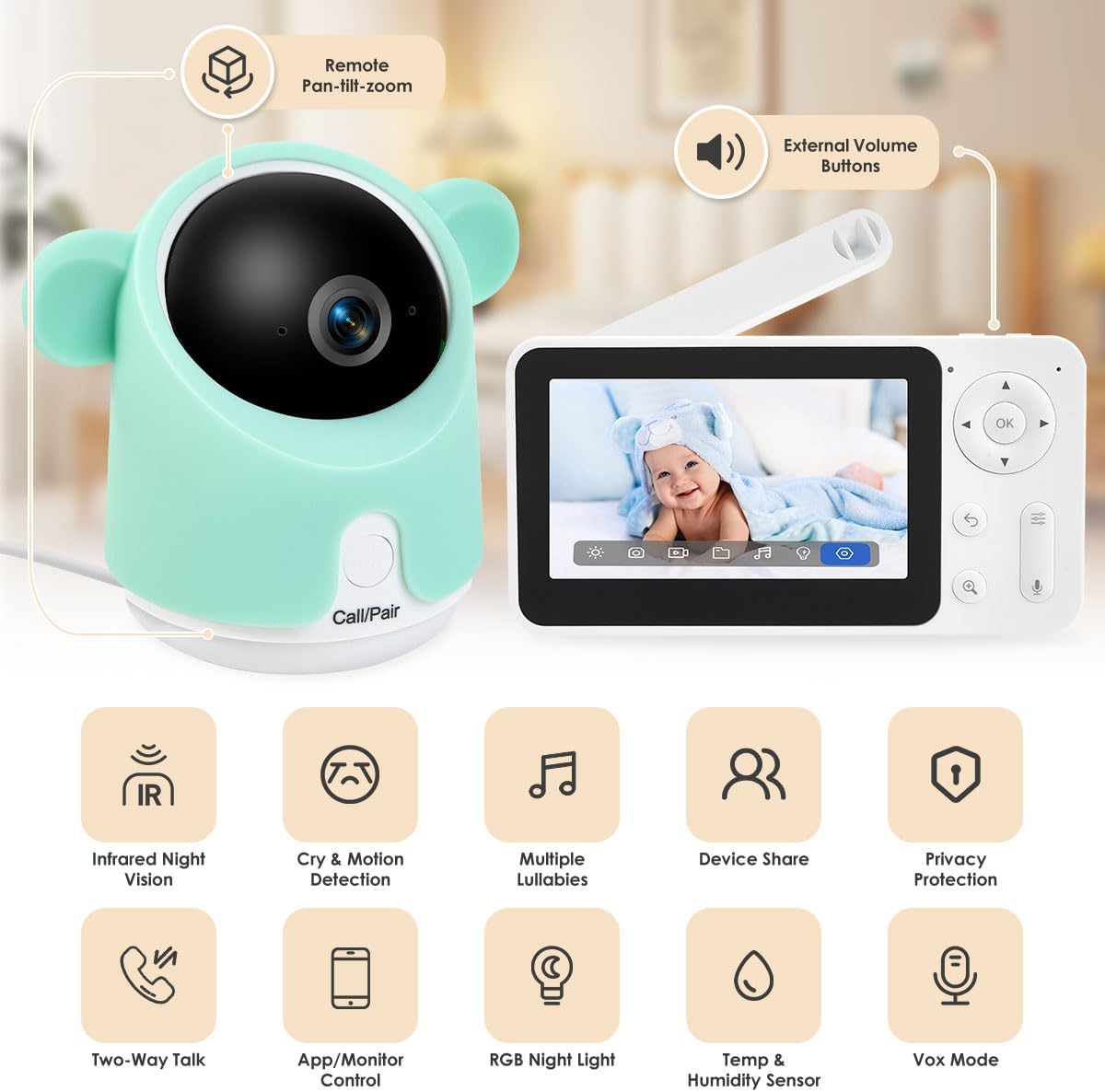 61xga2lLmL._AC_SL1200_.jpg Baby Monitor with Camera and Audio, 1080P Baby Camera Monitor WiFi Smartphone App Control Night Vision 4.3” Screen 2-Way Talk Temperature & Humidity Sensor Lullabies Motion & Cry Detection iOS/Android