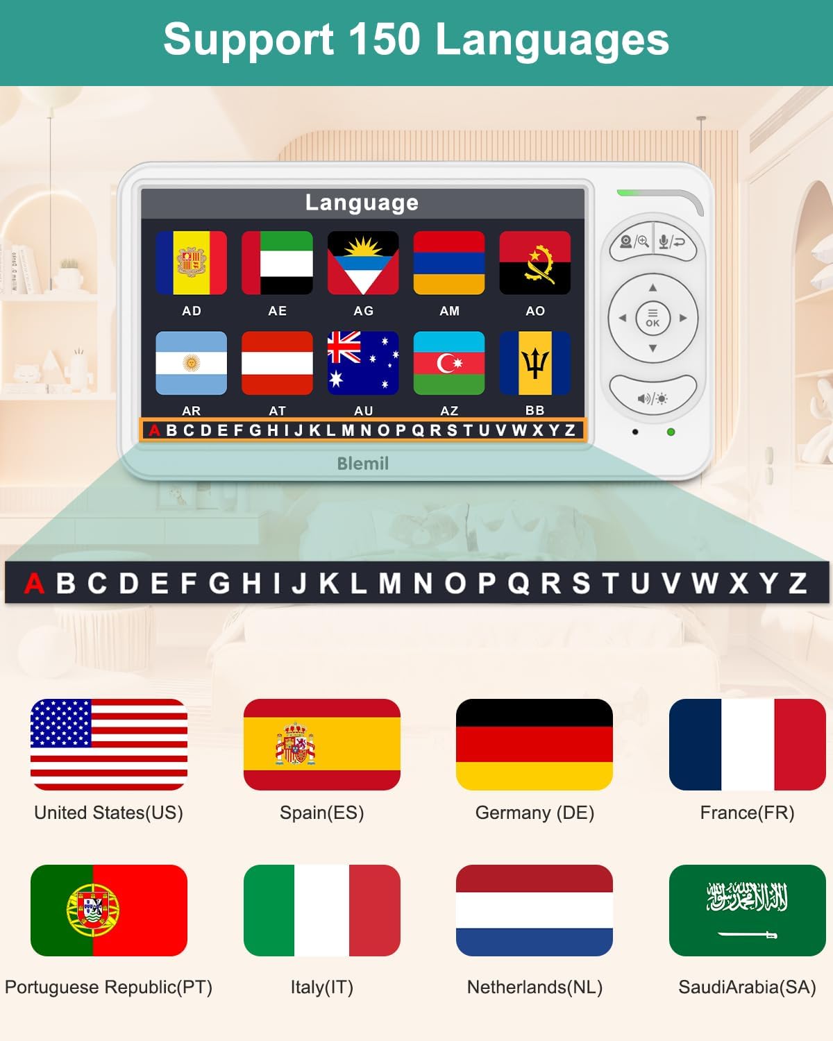 71jUJMafNL._AC_SL1500_.jpg 6" Baby Monitor with 2 Cameras and Audio 30 Hours Battery Upgrade Split Screen Video Baby Monitor Remote Pan-Tilt-Zoom 178°Wide-Angle 150 Languages No WiFi ECO 2-Way Talk Night Vision 1000ft Travel