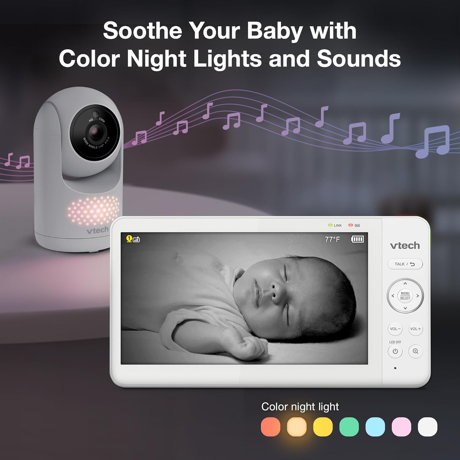 VTech Upgraded 7" Baby Monitor, Advanced HQ Max, Pan Tilt Zoom Video Baby Monitor with Camera and Audio, IPS Screen, Touch Control Multi-Color Night Light, 2-Way Talk, Lullabies, No WiFi