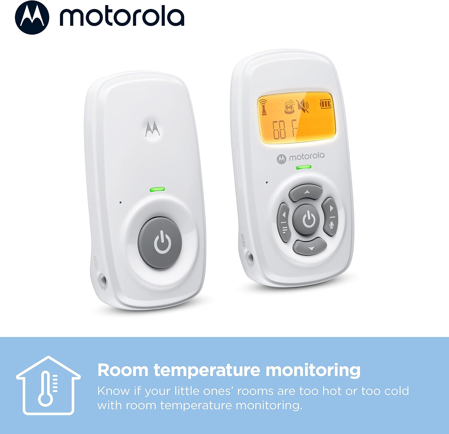 Motorola Nursery AM24 Audio-Only Baby Monitor, LCD Screen, 1000ft Range, 2-Way Talk, Temp Sensor, Portable Parent Unit (Built-in Rechargeable Battery)