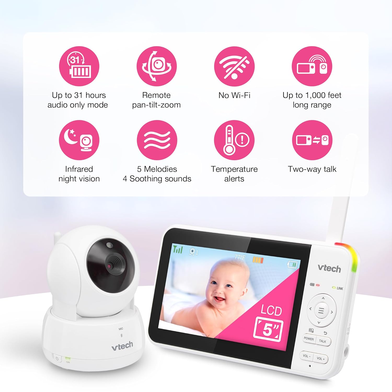 VTech VM924 5" Screen Remote Pan-Tilt-Zoom Baby Monitor with Camera&Audio,Up to 31Hrs Battery for Audio&17Hrs Video Streaming, Long Range Up to 1000ft,Night Vision,Soothing Sound,Temperature Sensor
