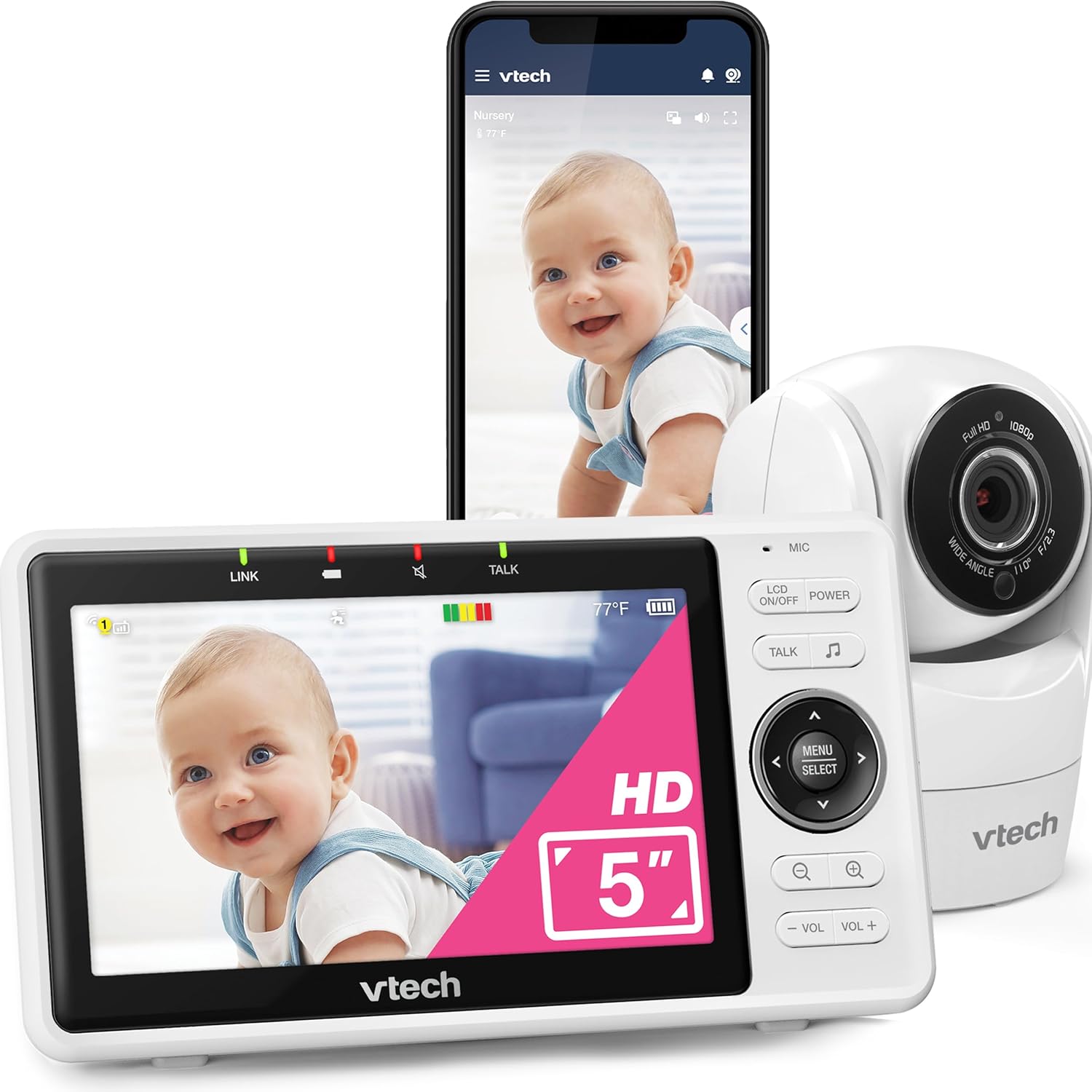 71-RlaZdZ6L._AC_SL1500_.jpg VTech Upgraded Smart Baby Monitor VM901, 5-inch 720p Display, 1080p Camera, HD NightVision, Fully Remote Pan Tilt Zoom, 2-Way Talk, Free Smart Phone App, Works with iOS, Android