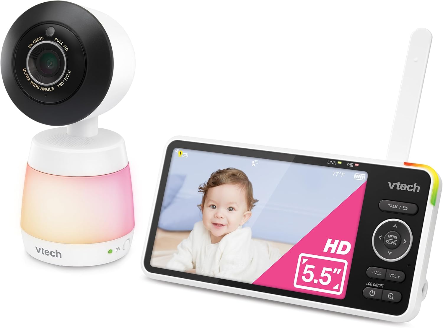 711XfP9MYpL._AC_SL1500_.jpg VTech Smart WiFi Baby Monitor, 2K Camera, 5.5-inch HD IPS Screen, Crystal Clear Infrared Night Vision, Pan-Tilt, 24x Zoom, 2-Way Talk, Multi-color Night Light, Soothing Sounds, Free App: Smart HD Plus