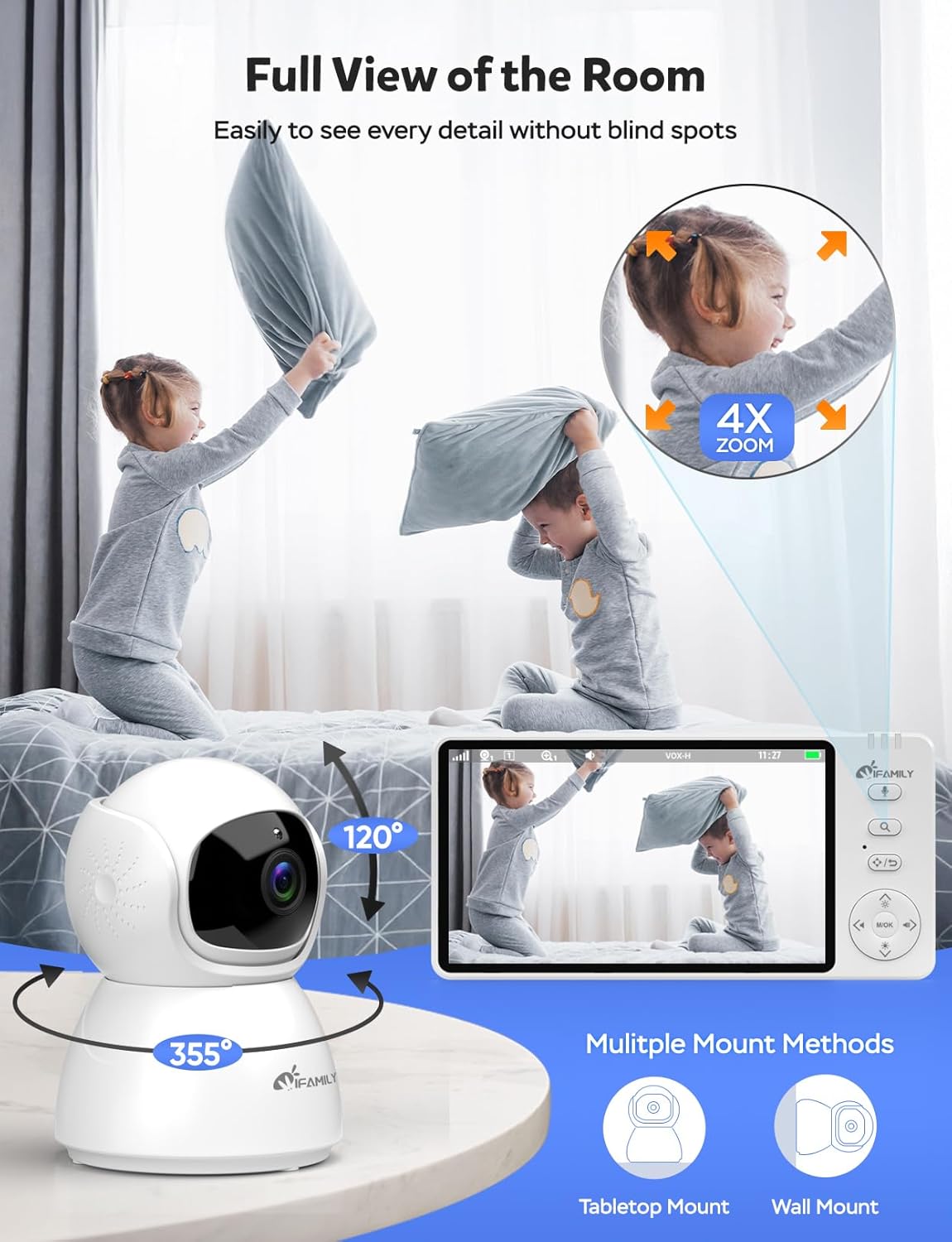 717j3tMiwhL._AC_SL1500_.jpg iFamily Baby Monitor with Camera and Audio – 720P HD Resolution, Large Display, 5000mAh Battery, Night Vision, Remote Pan, Tilt, and Zoom – Two-Way Talk, Lullabies, Thermal Monitor, 960ft Range
