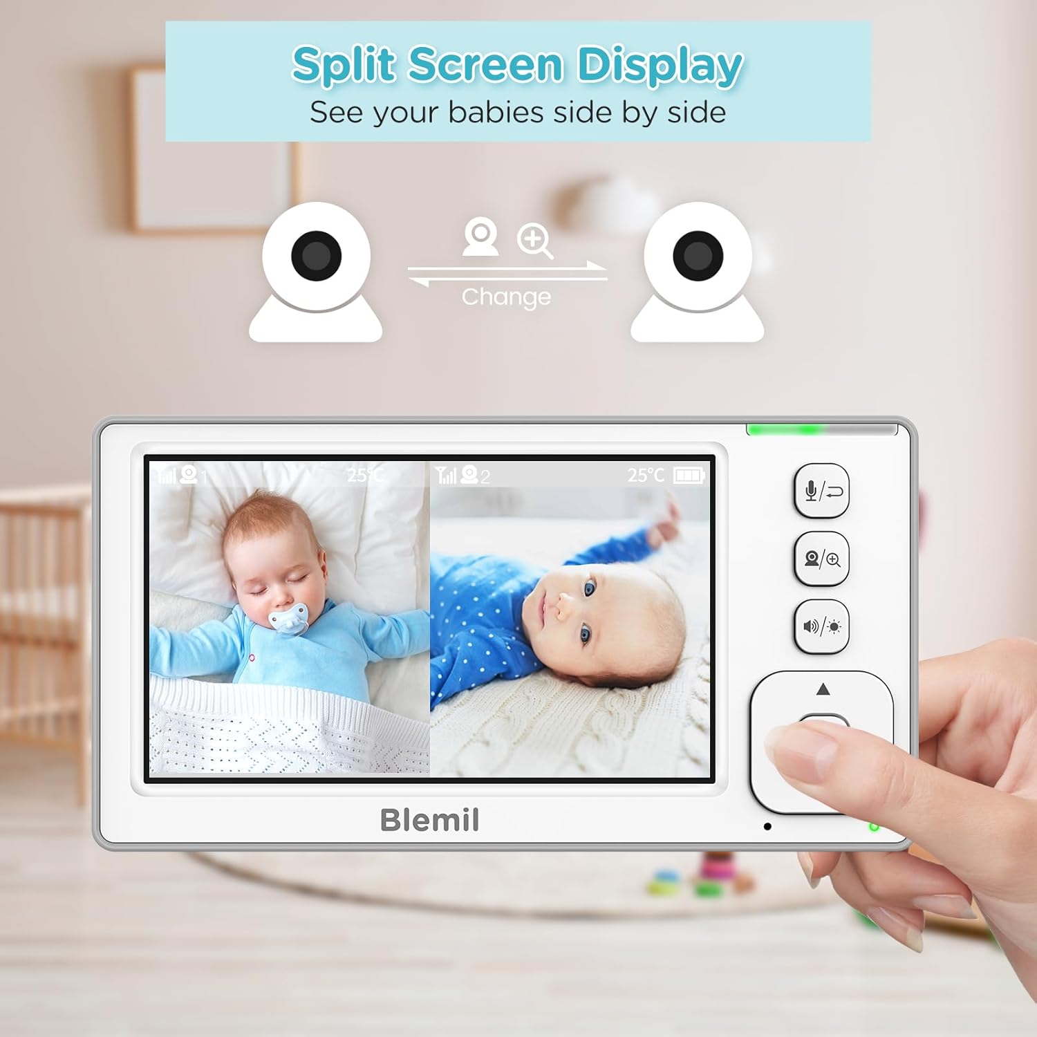 Baby Monitor with 2 Cameras and Audio, 4.3'' IPS Split-Screen Monitor with 29-Hour Battery, 1000ft Range Pan-Tilt-Zoom Video Baby Monitor No WiFi, 2X Zoom