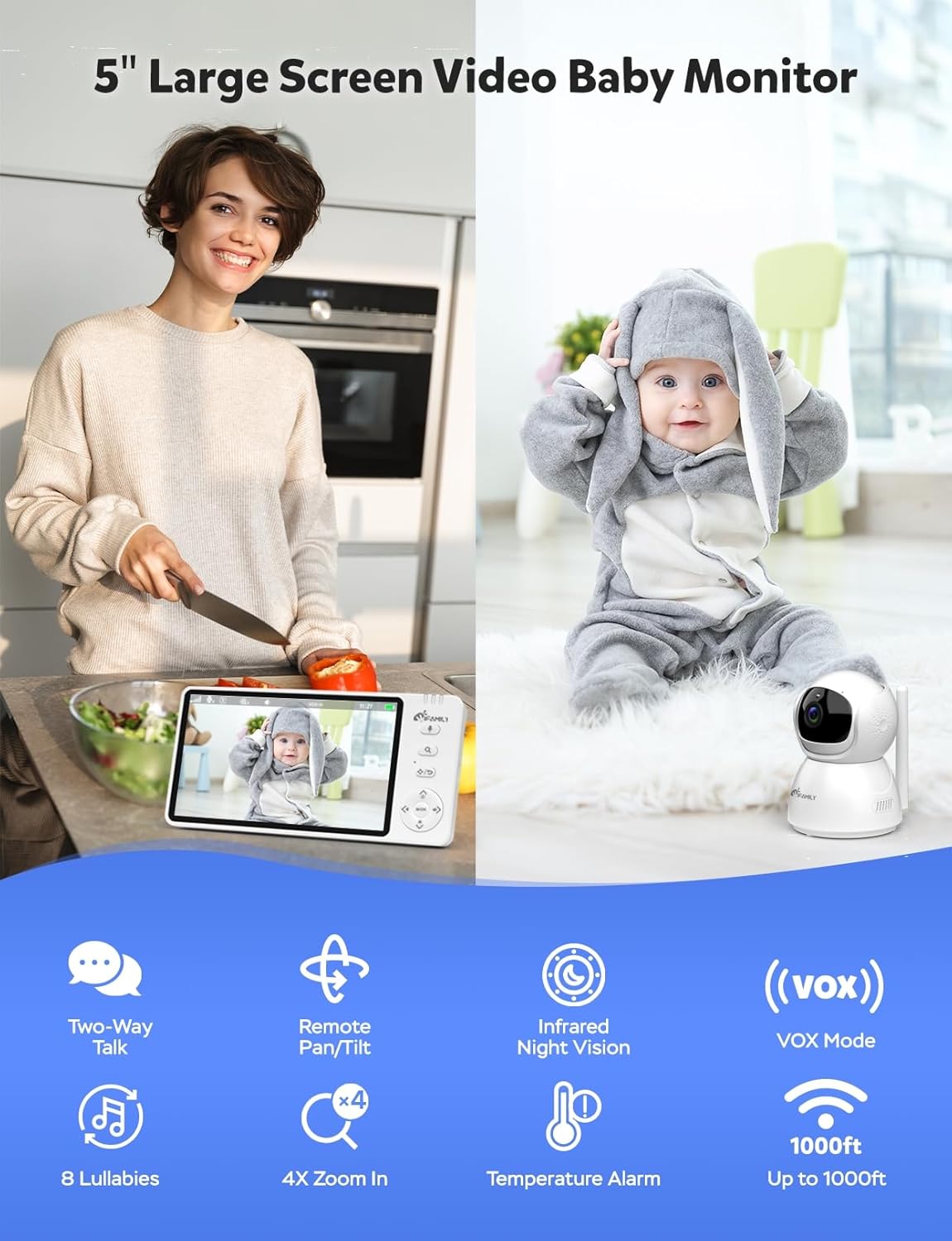 719wzH6xHHL._AC_SL1500_.jpg iFamily Baby Monitor with Camera and Audio – 720P HD Resolution, Large Display, 5000mAh Battery, Night Vision, Remote Pan, Tilt, and Zoom – Two-Way Talk, Lullabies, Thermal Monitor, 960ft Range