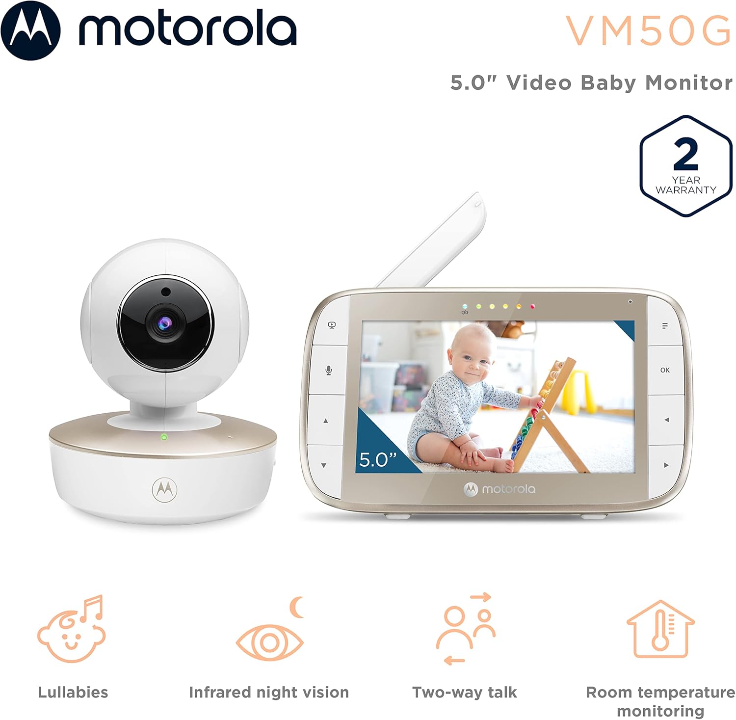 719zQvsvVbL._AC_SL1500_.jpg Motorola Nursery VM50G Video Baby Monitor Camera, 1000ft Range, 2.4 GHz, 5" Screen, 2-Way Audio, Pan/Tilt/Zoom, Temp Sensor, Lullabies, Night Vision