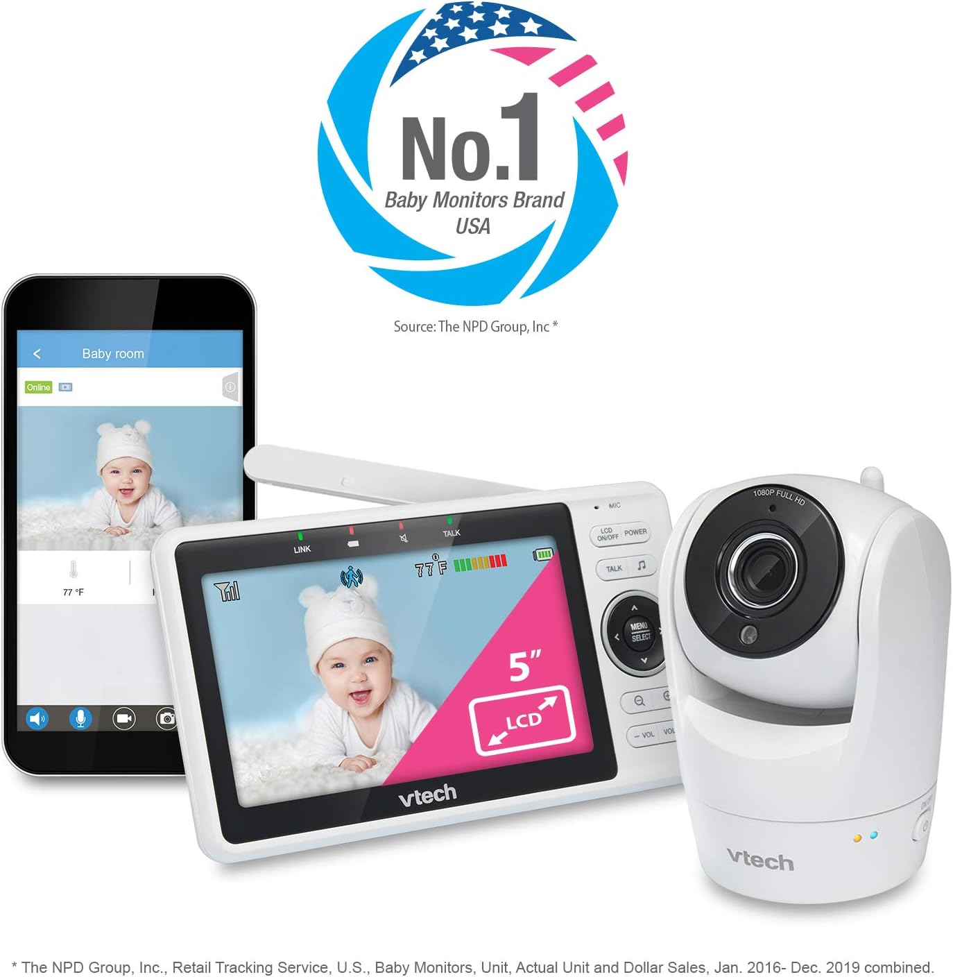 71A9gxNDhpL._AC_SL1500_.jpg VTech Upgraded Smart Baby Monitor VM901, 5-inch 720p Display, 1080p Camera, HD NightVision, Fully Remote Pan Tilt Zoom, 2-Way Talk, Free Smart Phone App, Works with iOS, Android