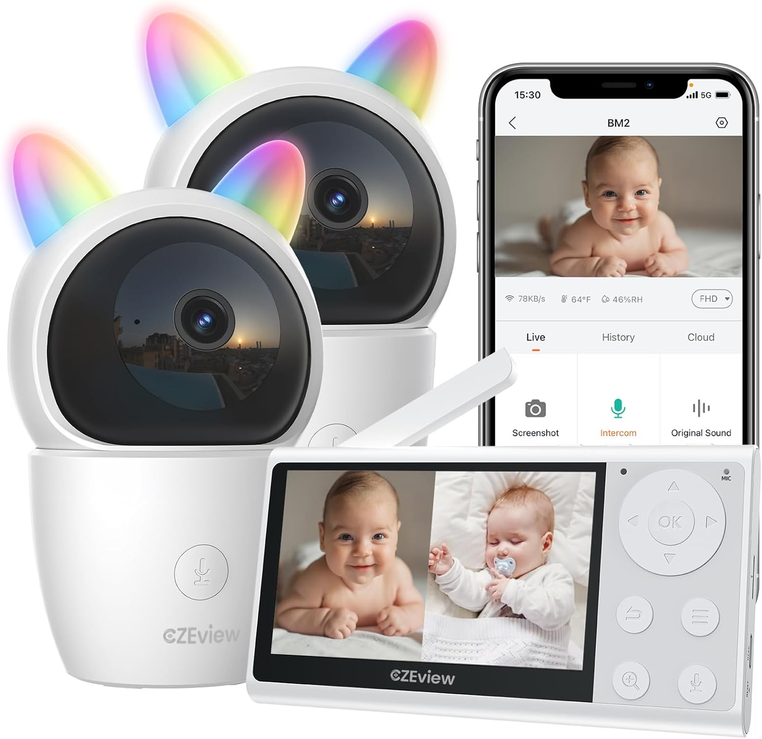 Video Baby Monitor with Camera and Audio, 2K Baby Monitor WiFi Smartphone with Night Vision, Pan-Tilt-Zoom via 4.3" Screen and APP, Cry/Motion Detection, 2-Way Audio (White 2pcs)