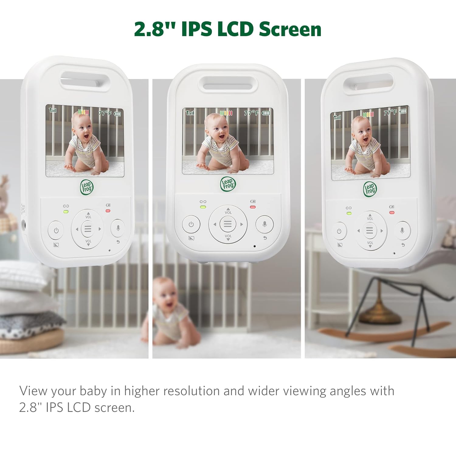 71BZYLxz3EL._SL1500_.jpg LeapFrog LF2423 Baby Monitor, 2.8” Screen Video Monitor with Camera, 2-Way Audio, 1000ft Range, Night Vision, Soothing Lullabies, Temperature Sensor, Secure Transmission No WiFi