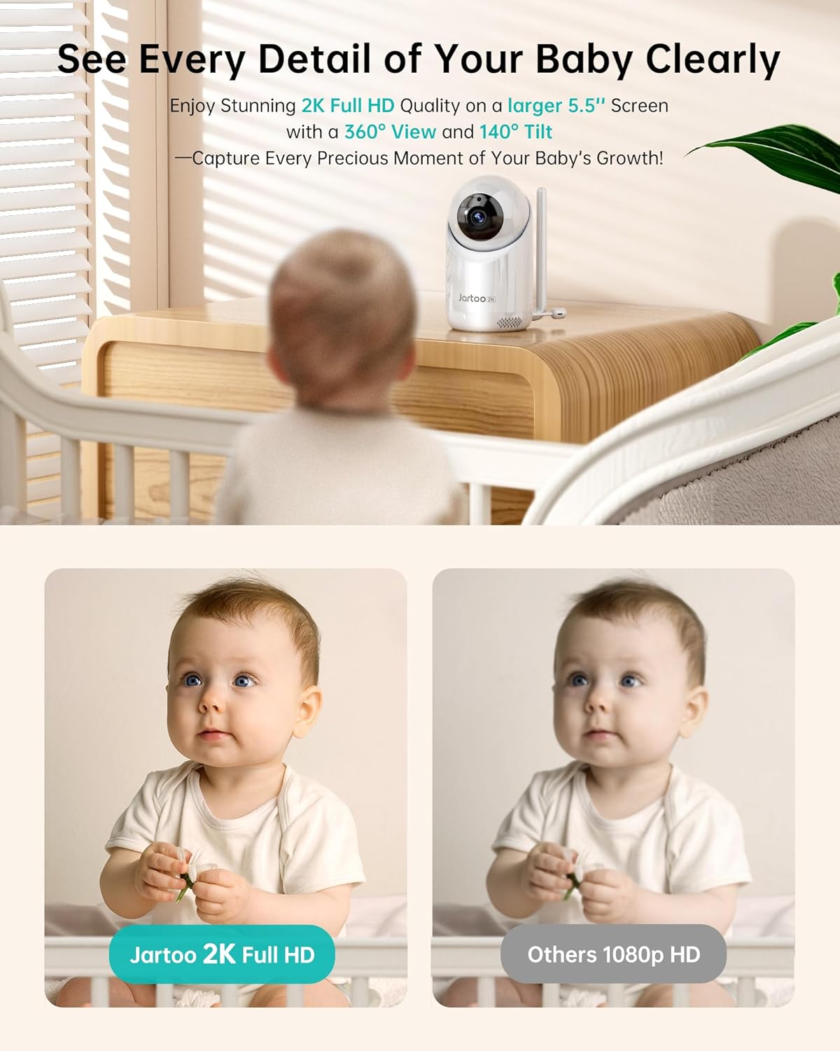 2K Video Baby Monitor with Camera and Audio, 3600ft Long Range Baby Monitor No WiFi 5.5" FHD Screen ANC Baby Camera Wireless, Room, Portable, Night Vision, 2-Way Talk, AI Cry Detect, 6000mAh