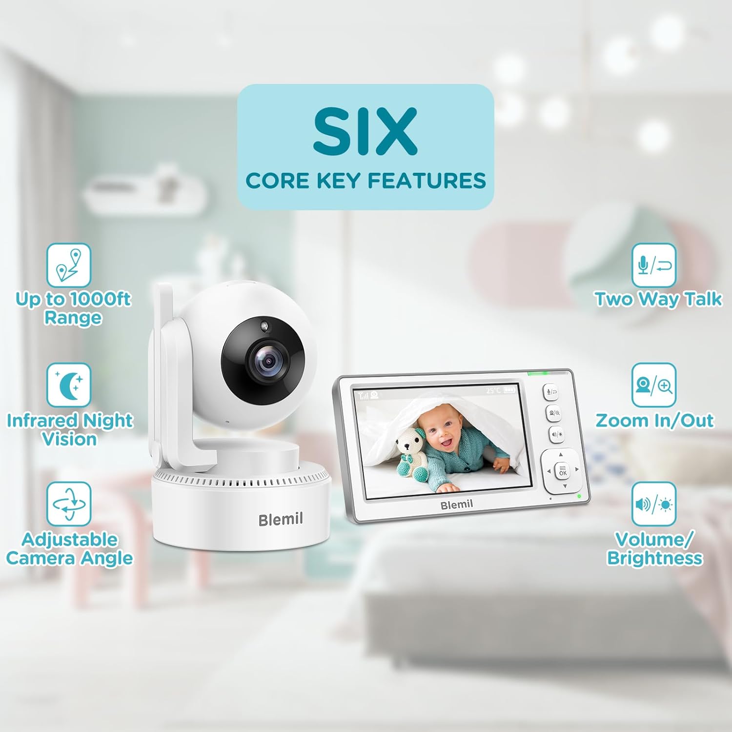 Baby Monitor with 2 Cameras and Audio, 4.3'' IPS Split-Screen Monitor with 29-Hour Battery, 1000ft Range Pan-Tilt-Zoom Video Baby Monitor No WiFi, 2X Zoom