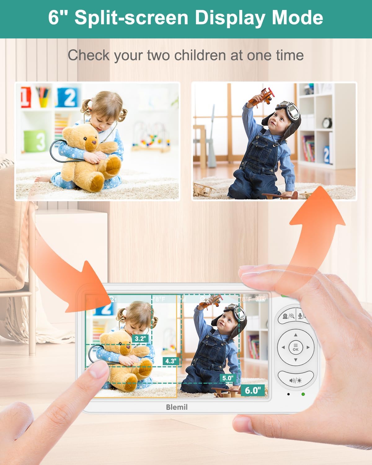 71DP57QdPrL._AC_SL1500_.jpg 6" Baby Monitor with 2 Cameras and Audio 30 Hours Battery Upgrade Split Screen Video Baby Monitor Remote Pan-Tilt-Zoom 178°Wide-Angle 150 Languages No WiFi ECO 2-Way Talk Night Vision 1000ft Travel
