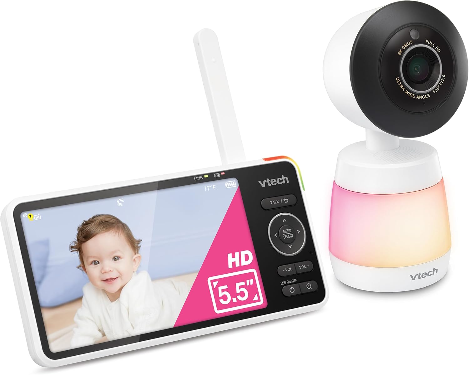 71EfxcDjcfL._AC_SL1500_.jpg VTech Smart WiFi Baby Monitor, 2K Camera, 5.5-inch HD IPS Screen, Crystal Clear Infrared Night Vision, Pan-Tilt, 24x Zoom, 2-Way Talk, Multi-color Night Light, Soothing Sounds, Free App: Smart HD Plus