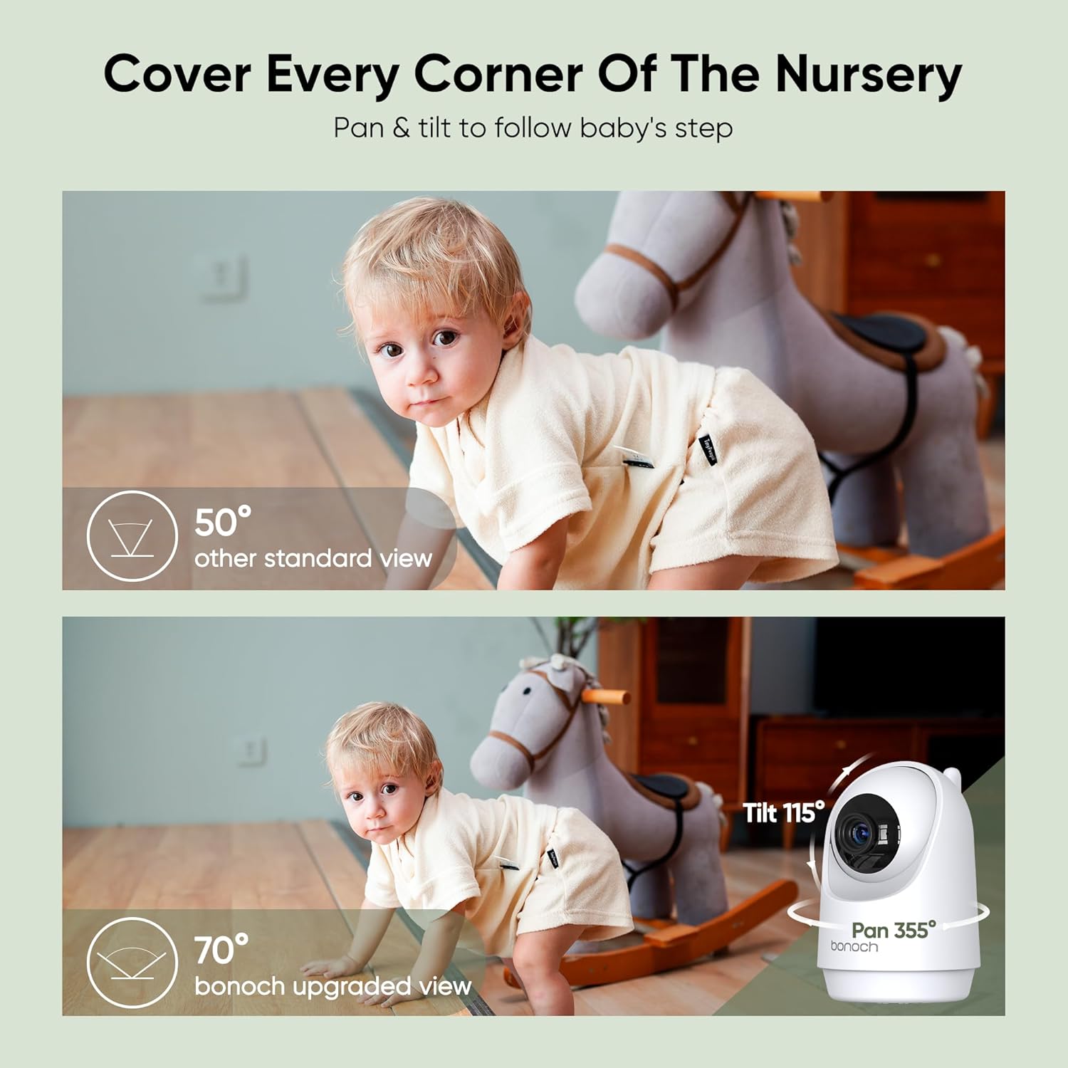 bonoch MegaView Baby Monitor with 2 Cameras, 7" 720P HD Split Screen Baby Monitor No WiFi, Video Baby Monitor with Camera and Audio, 6000mAh, VOX Mode, 2 Way Audio, Remote PTZ, Auto Night Vision