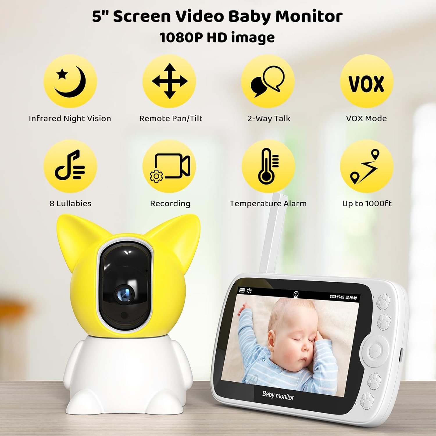 Baby Monitor with Camera and Audio, 1080P Baby Monitor No WiFi, 5'' LCD Screen, Night Vision, 1000ft Long Range, VOX, 8 Lullabies, 2-Way Talk, and Remote Pan Tilt Zoom