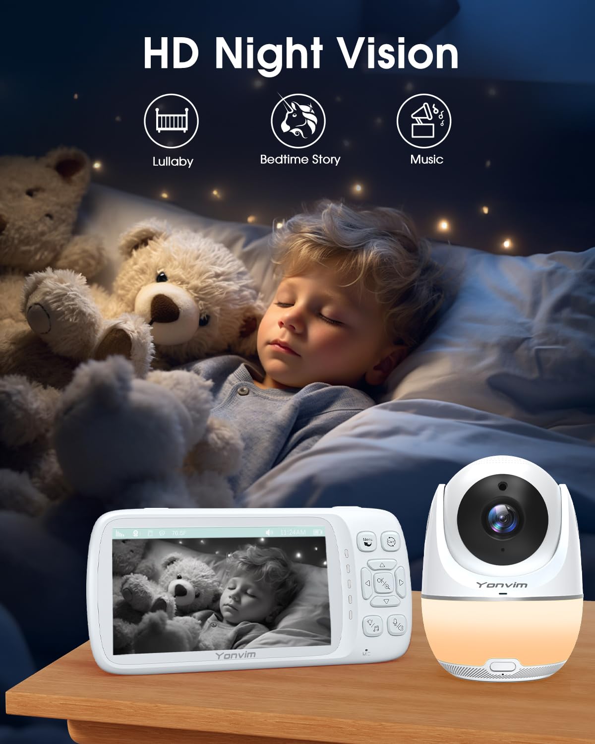 5.3“ 1080P Baby Monitor No WiFi, Video Baby Monitor with Camera and Audio, 2K Camera,1500ft Long Range Video Recording and Playback, 7000mAh Battery, Night Light, MP3, Story Book, 2-Way Talk
