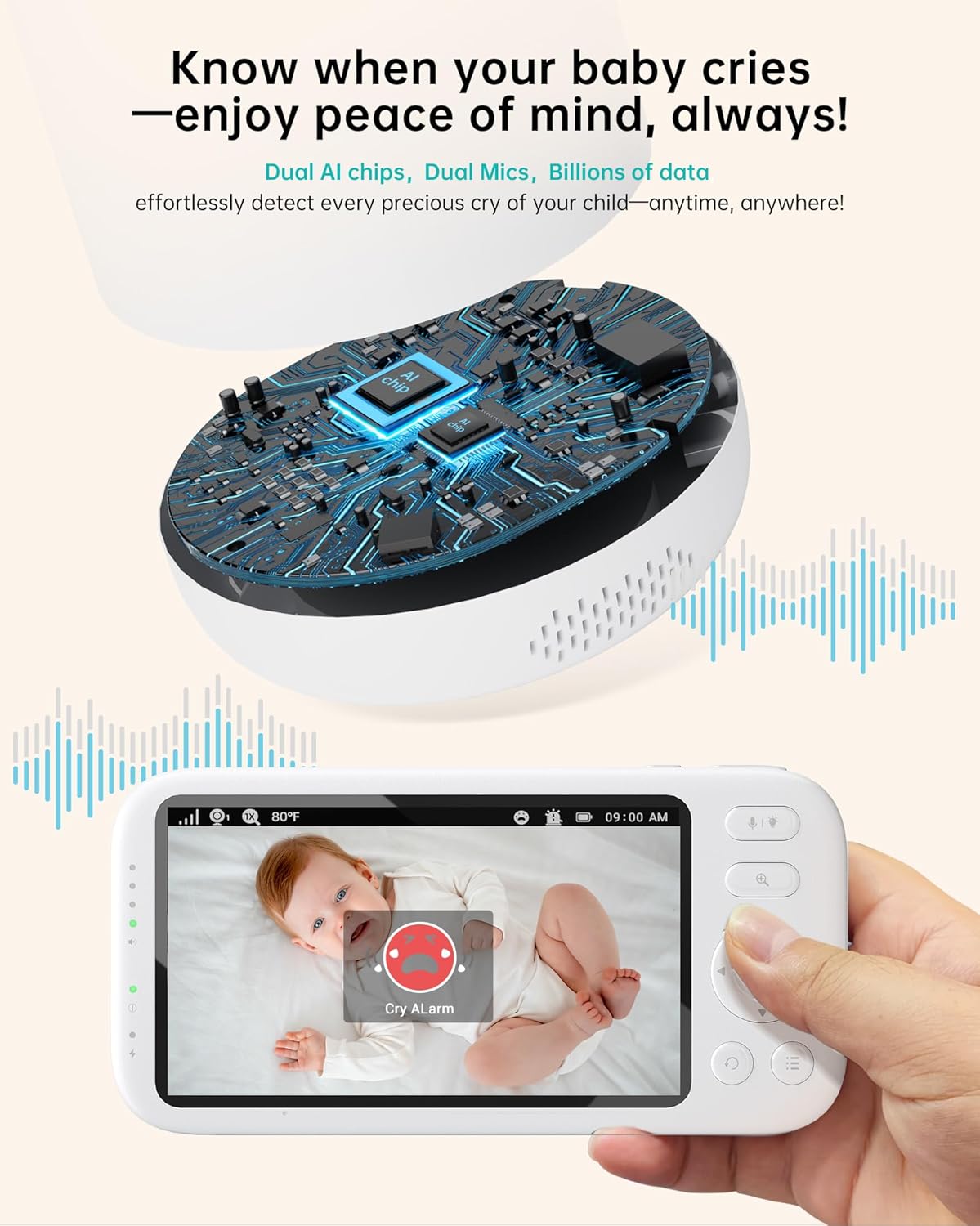 2K Video Baby Monitor with Camera and Audio, 3600ft Long Range Baby Monitor No WiFi 5.5" FHD Screen ANC Baby Camera Wireless, Room, Portable, Night Vision, 2-Way Talk, AI Cry Detect, 6000mAh