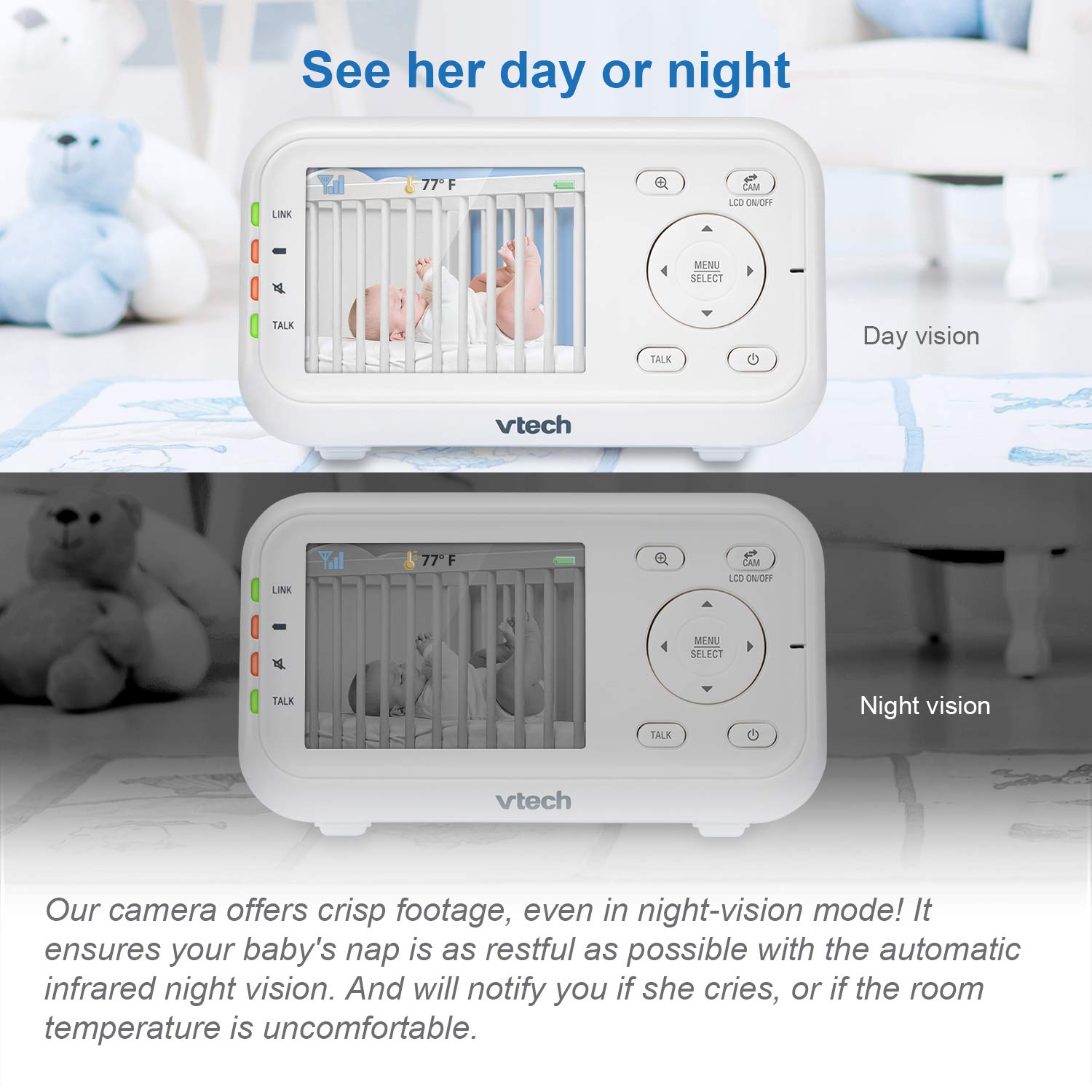 71JTnHv67L._SL1500_.jpg VTech Video Baby Monitor with 1000ft Long Range, Auto Night Vision, 2.8” Screen, 2-Way Audio Talk, Temperature Sensor, Power Saving Mode, Lullabies and Wall-mountable Camera with Bracket, White