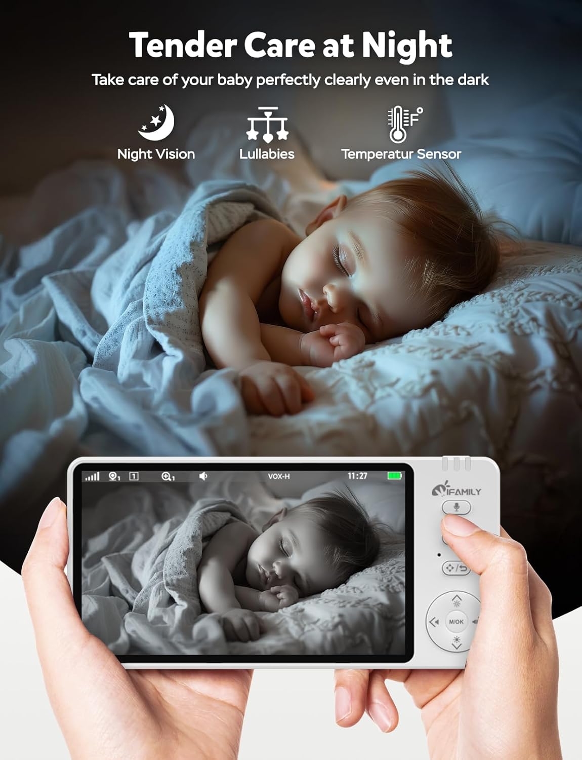 71KcS6SG2BL._AC_SL1500_.jpg iFamily Baby Monitor with Camera and Audio – 720P HD Resolution, Large Display, 5000mAh Battery, Night Vision, Remote Pan, Tilt, and Zoom – Two-Way Talk, Lullabies, Thermal Monitor, 960ft Range