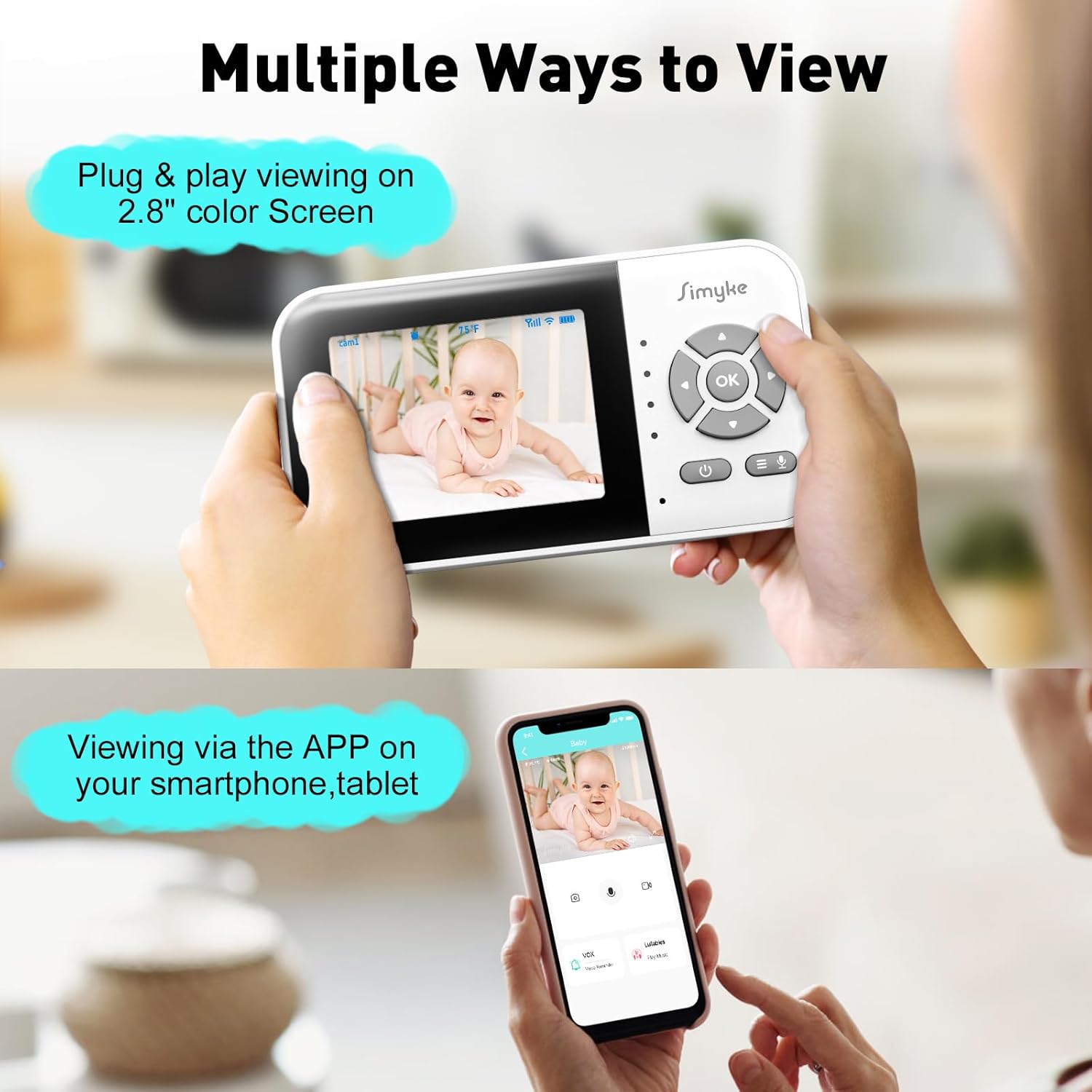 71KwSRJIAL._SL1500_.jpg Upgrade Video Baby Monitor,WiFi Baby Camera,2.8" Display and App Control,1200ft Long Range,2 Way Talk,Auto Night Vision,Sound Alert,VOX,Temperature Sensor 5 Lullabies Feeding Remind,Home Use