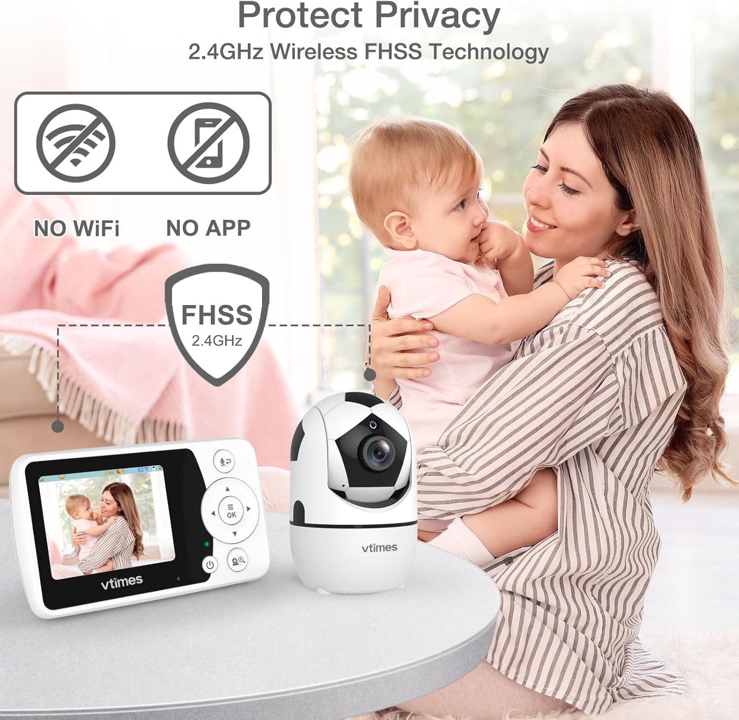 Baby Monitor with Camera and Audio - 2.4'' LCD Screen, Video Baby Monitor No WiFi Night Vision VOX Mode Pan-Tilt-Zoom Temperature Display Two-Way Audio Lullabies Feeding Alarm - 1000ft Range