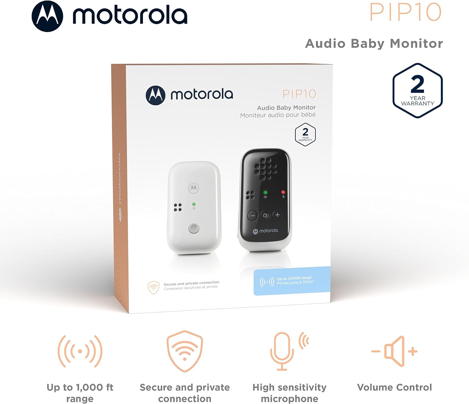 Motorola Nursery PIP10 Audio-Only Baby Monitor, 1000ft Range, Sensitive Mic, Alert Light, Portable Parent Unit (Outlet or AAA Battery Not Included)