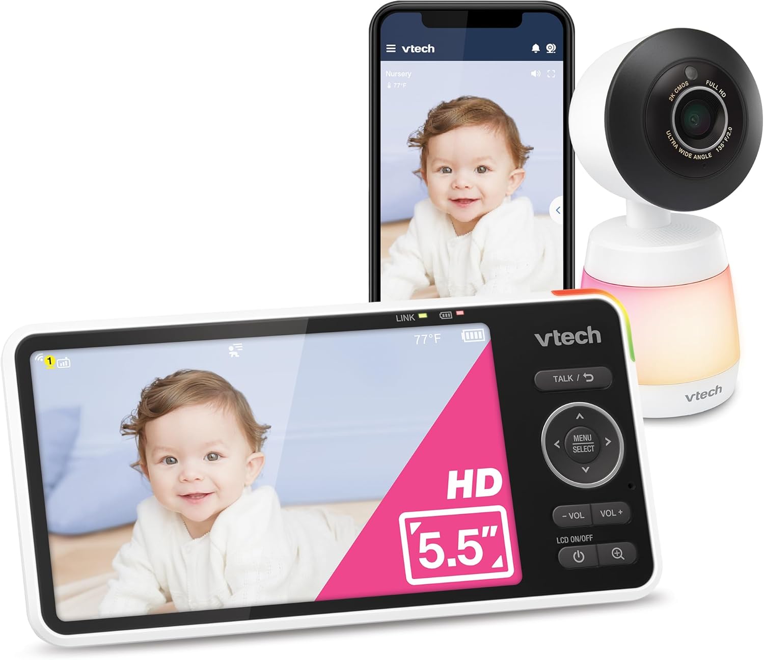 71NdzZidCJL._AC_SL1500_.jpg VTech Smart WiFi Baby Monitor, 2K Camera, 5.5-inch HD IPS Screen, Crystal Clear Infrared Night Vision, Pan-Tilt, 24x Zoom, 2-Way Talk, Multi-color Night Light, Soothing Sounds, Free App: Smart HD Plus