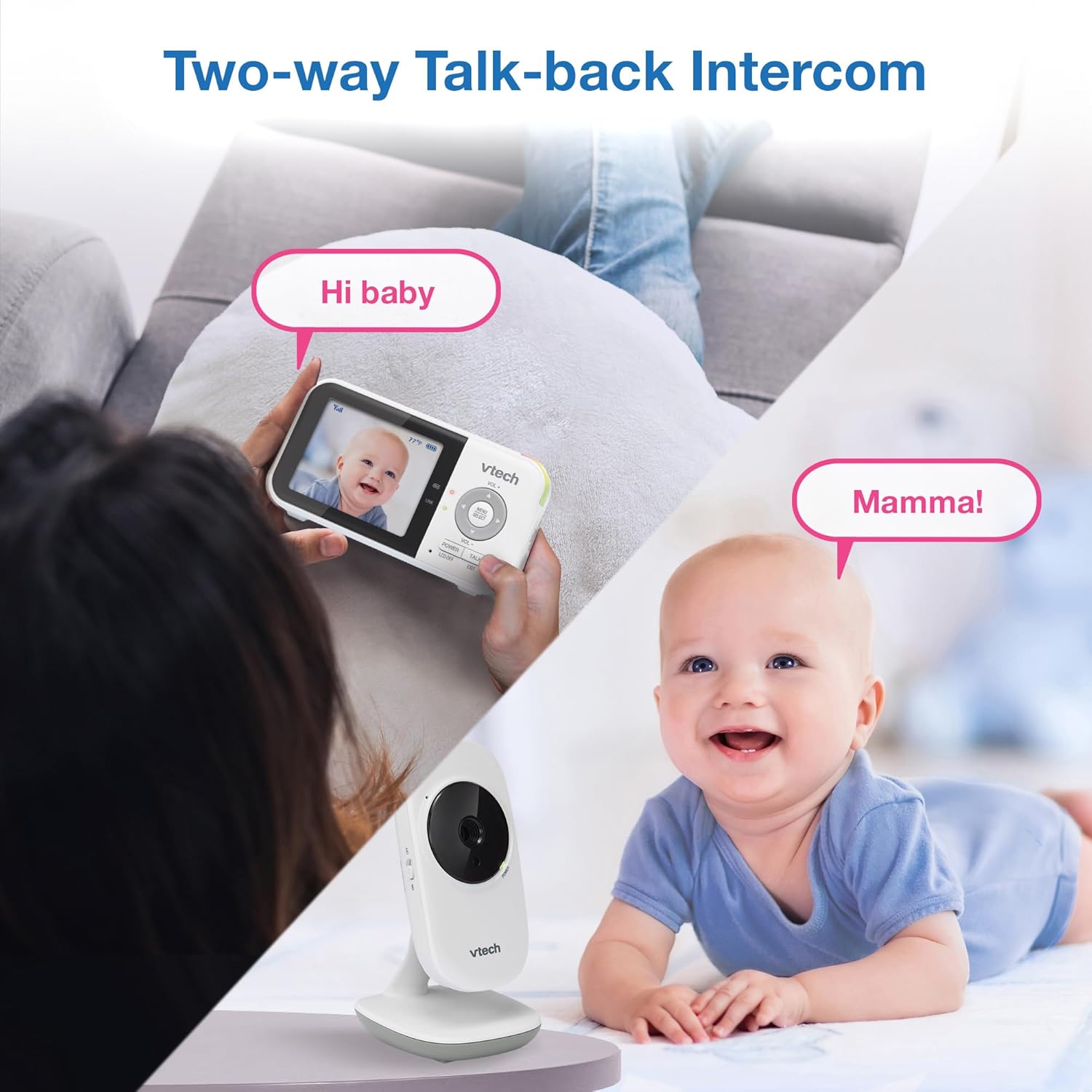 71Tx42EOmOL._SL1500_.jpg VTech VM819 Baby Monitor with Camera and Audio, 2.8” Screen Portable Baby Camera, Night Vision, 2-Way Audio, Temperature Sensor and Lullabies, Secure Transmission No WiFi, Ideal for Baby/Elderly/Pet