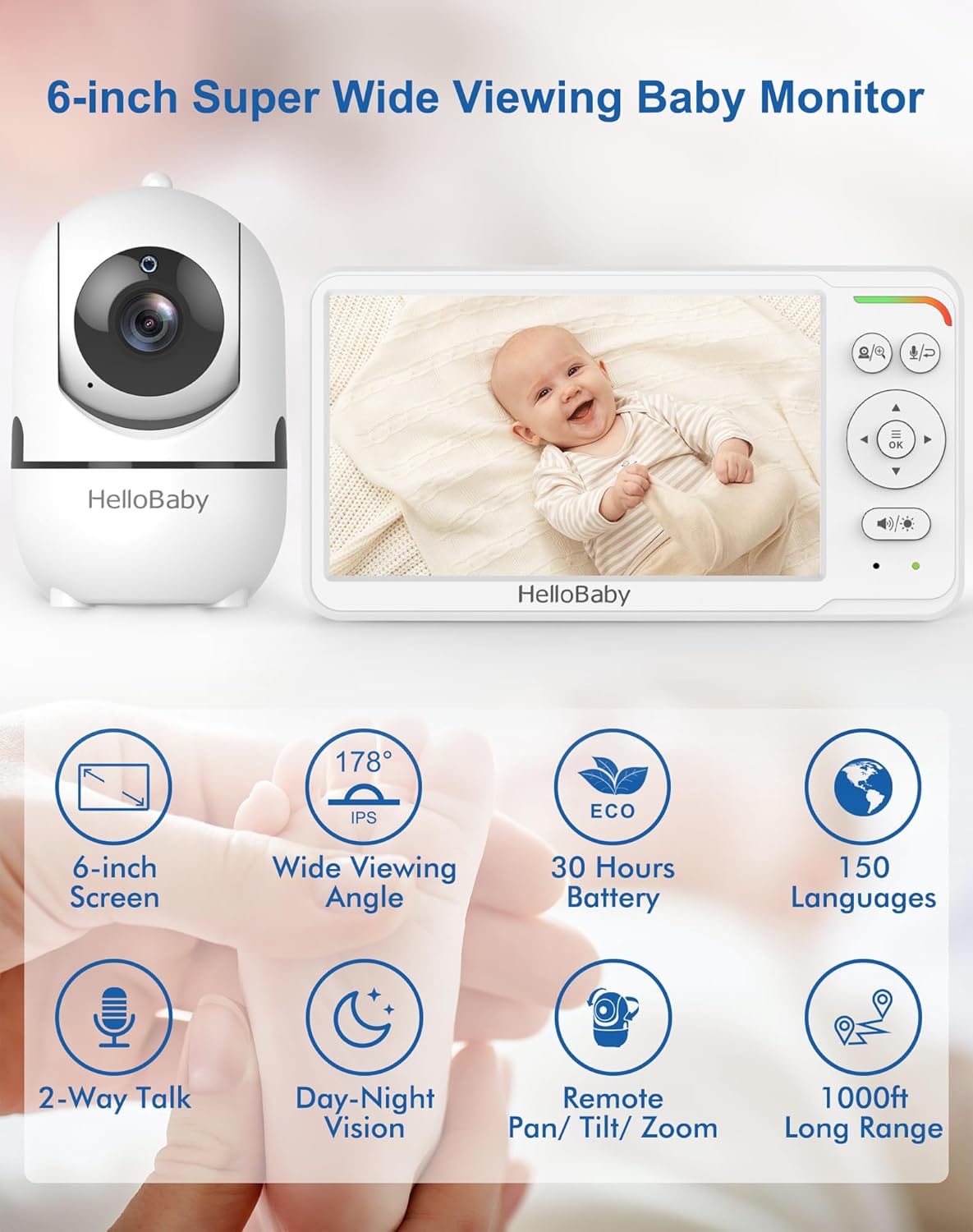 71U0DbAX8xL._SL1500_.jpg HelloBaby Baby Monitor with 6" World First IPS Screen 30-Hrs Battery, Remote Pan/Tilt/Zoom Camera, No WiFi Video Baby Monitor Camera and Audio, ECO, VOX, 2-Way Talk, Night Vision, 1000ft, Portable