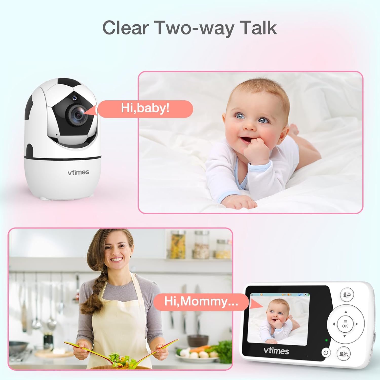 Baby Monitor with Camera and Audio - 2.4'' LCD Screen, Video Baby Monitor No WiFi Night Vision VOX Mode Pan-Tilt-Zoom Temperature Display Two-Way Audio Lullabies Feeding Alarm - 1000ft Range