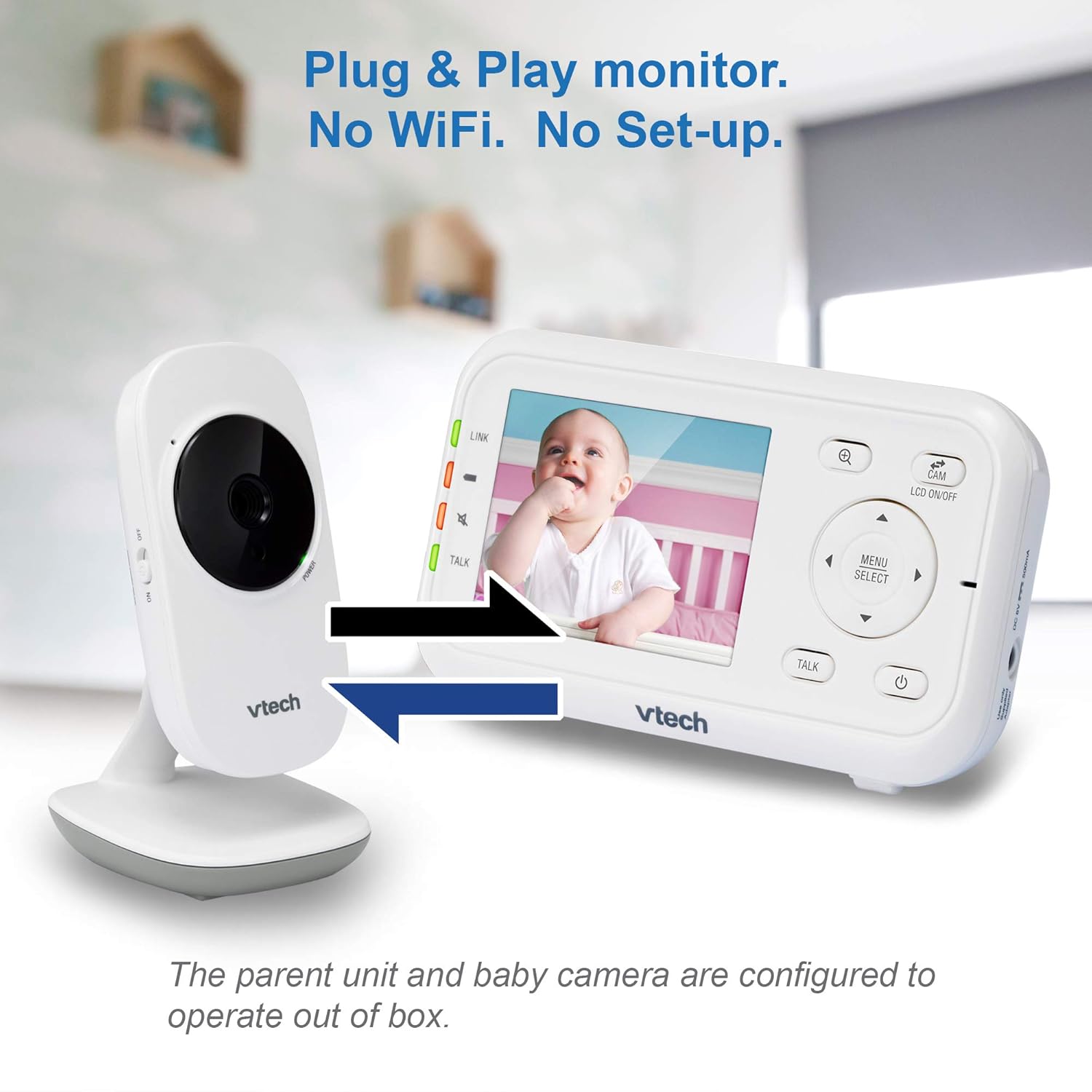 71W4VR8D8L._SL1500_.jpg VTech Video Baby Monitor with 1000ft Long Range, Auto Night Vision, 2.8” Screen, 2-Way Audio Talk, Temperature Sensor, Power Saving Mode, Lullabies and Wall-mountable Camera with Bracket, White
