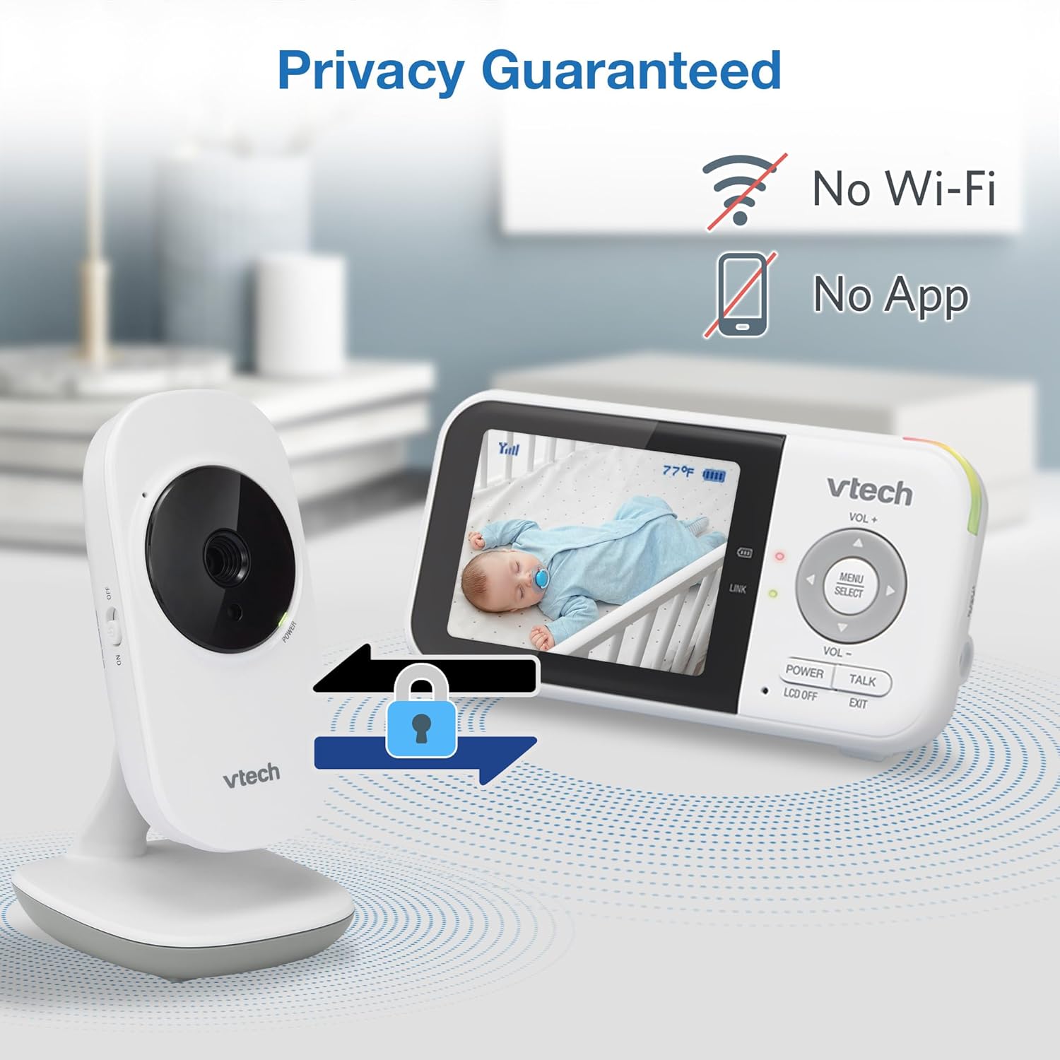 71WaS4EgOSL._SL1500_.jpg VTech VM819 Baby Monitor with Camera and Audio, 2.8” Screen Portable Baby Camera, Night Vision, 2-Way Audio, Temperature Sensor and Lullabies, Secure Transmission No WiFi, Ideal for Baby/Elderly/Pet