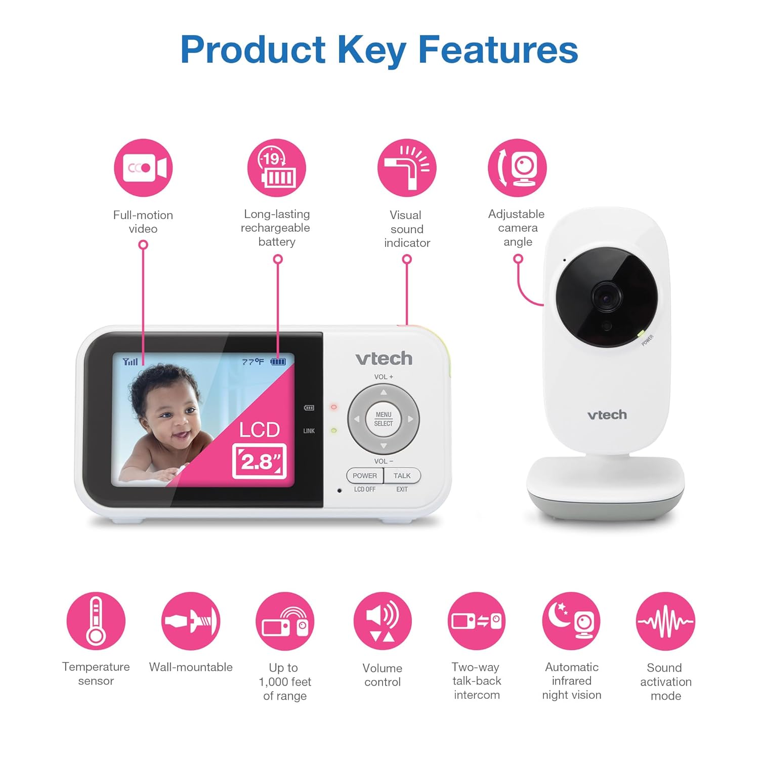 71a1lTuaZnL._SL1500_.jpg VTech VM819 Baby Monitor with Camera and Audio, 2.8” Screen Portable Baby Camera, Night Vision, 2-Way Audio, Temperature Sensor and Lullabies, Secure Transmission No WiFi, Ideal for Baby/Elderly/Pet