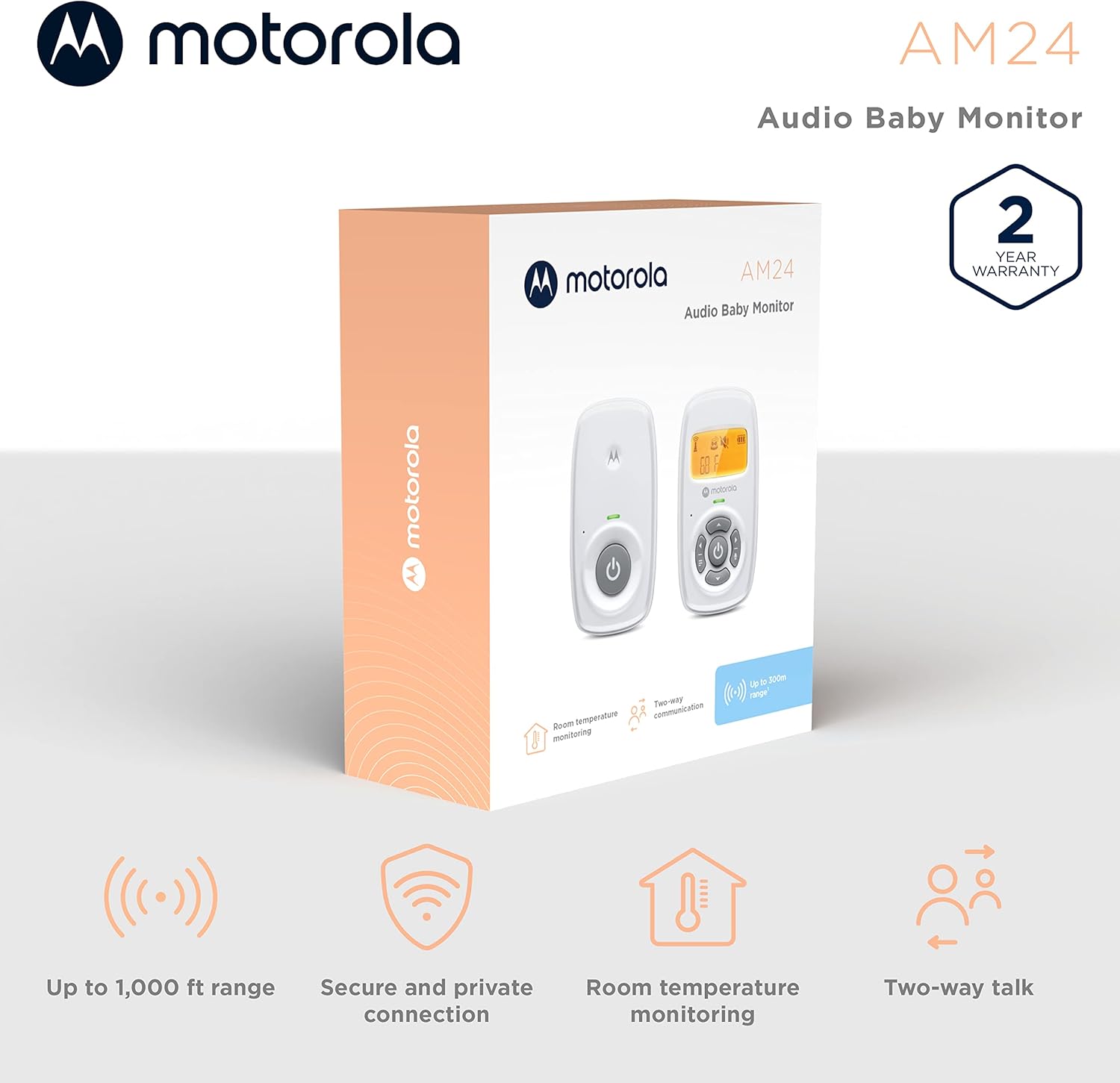 Motorola Nursery AM24 Audio-Only Baby Monitor, LCD Screen, 1000ft Range, 2-Way Talk, Temp Sensor, Portable Parent Unit (Built-in Rechargeable Battery)