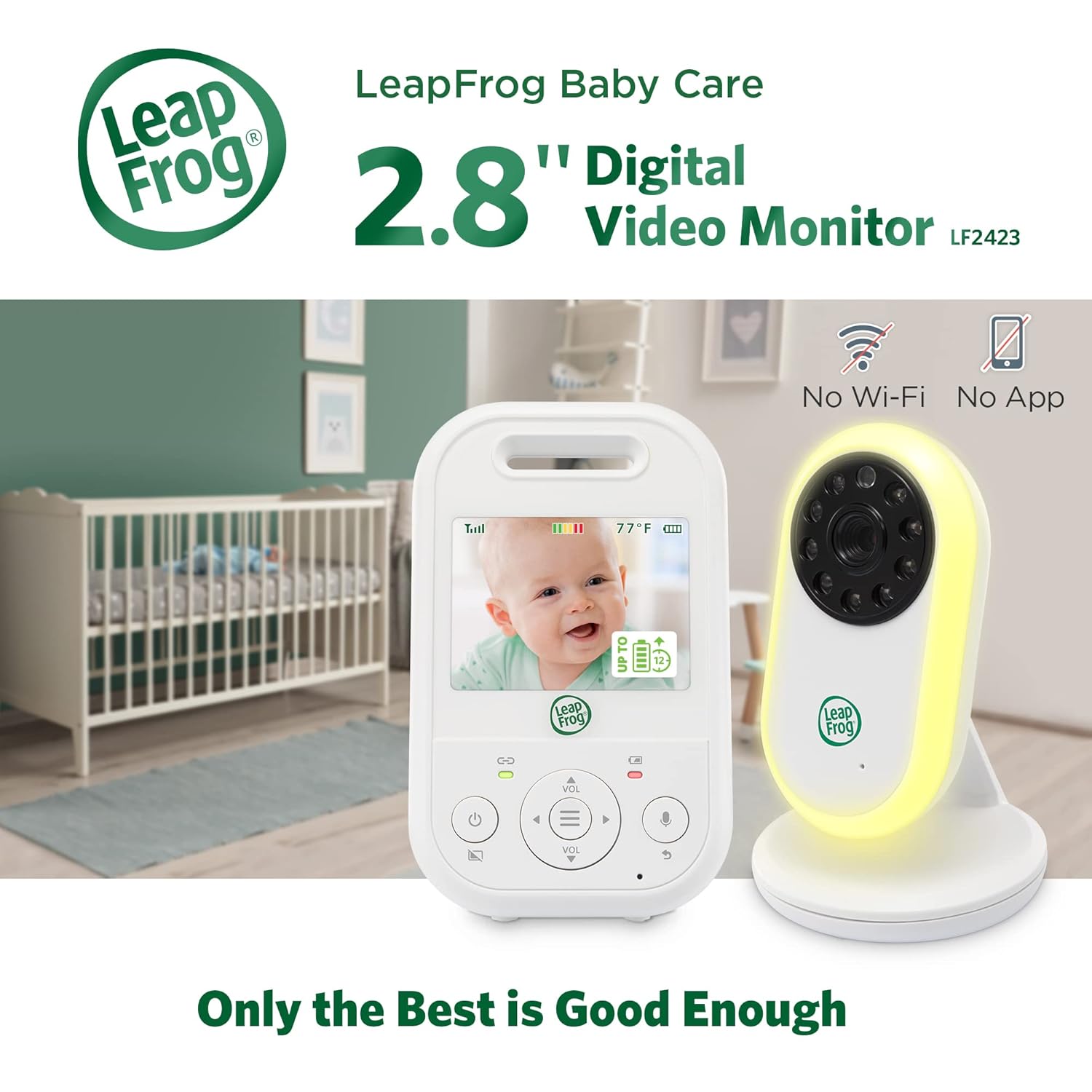 71aS0ZWsQnL._SL1500_.jpg LeapFrog LF2423 Baby Monitor, 2.8” Screen Video Monitor with Camera, 2-Way Audio, 1000ft Range, Night Vision, Soothing Lullabies, Temperature Sensor, Secure Transmission No WiFi