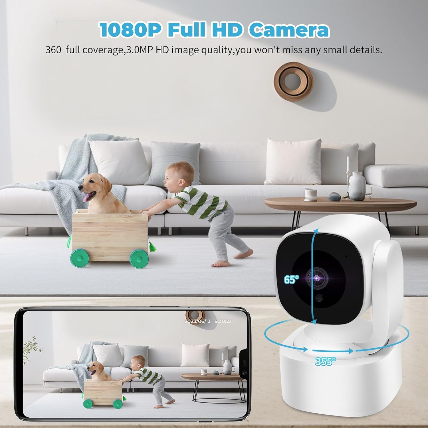 Baby Monitor 3MP 2K Wi-Fi Indoor Pan/Tilt Security Camera with Night Vision, Two-Way Audio, Motion Detection for Baby and Pet Monitor, and Bluetooth Quick Setup, Works with iOS, Android