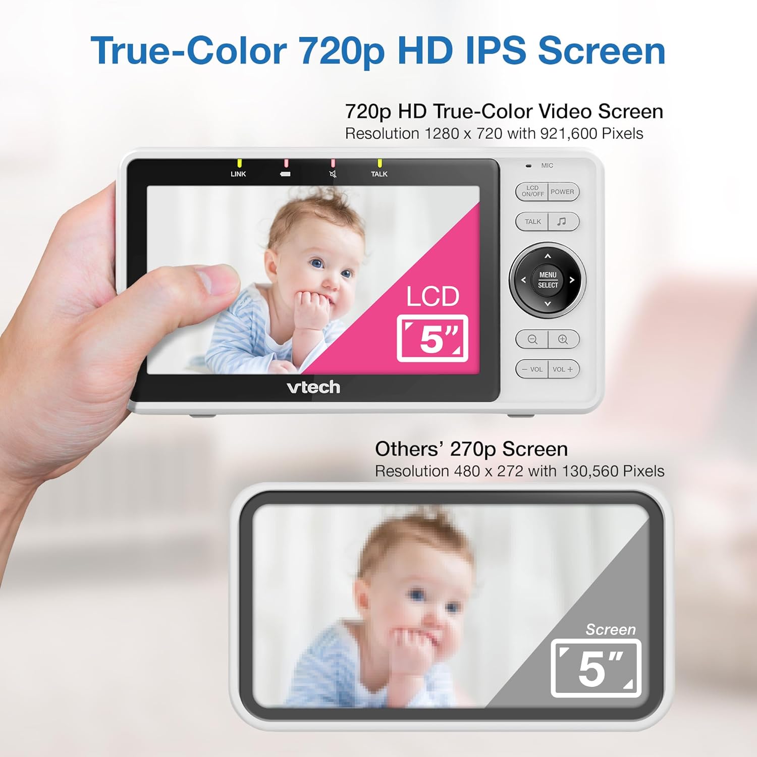 71bXvZNCrJL._AC_SL1500_.jpg VTech Upgraded Smart Baby Monitor VM901, 5-inch 720p Display, 1080p Camera, HD NightVision, Fully Remote Pan Tilt Zoom, 2-Way Talk, Free Smart Phone App, Works with iOS, Android