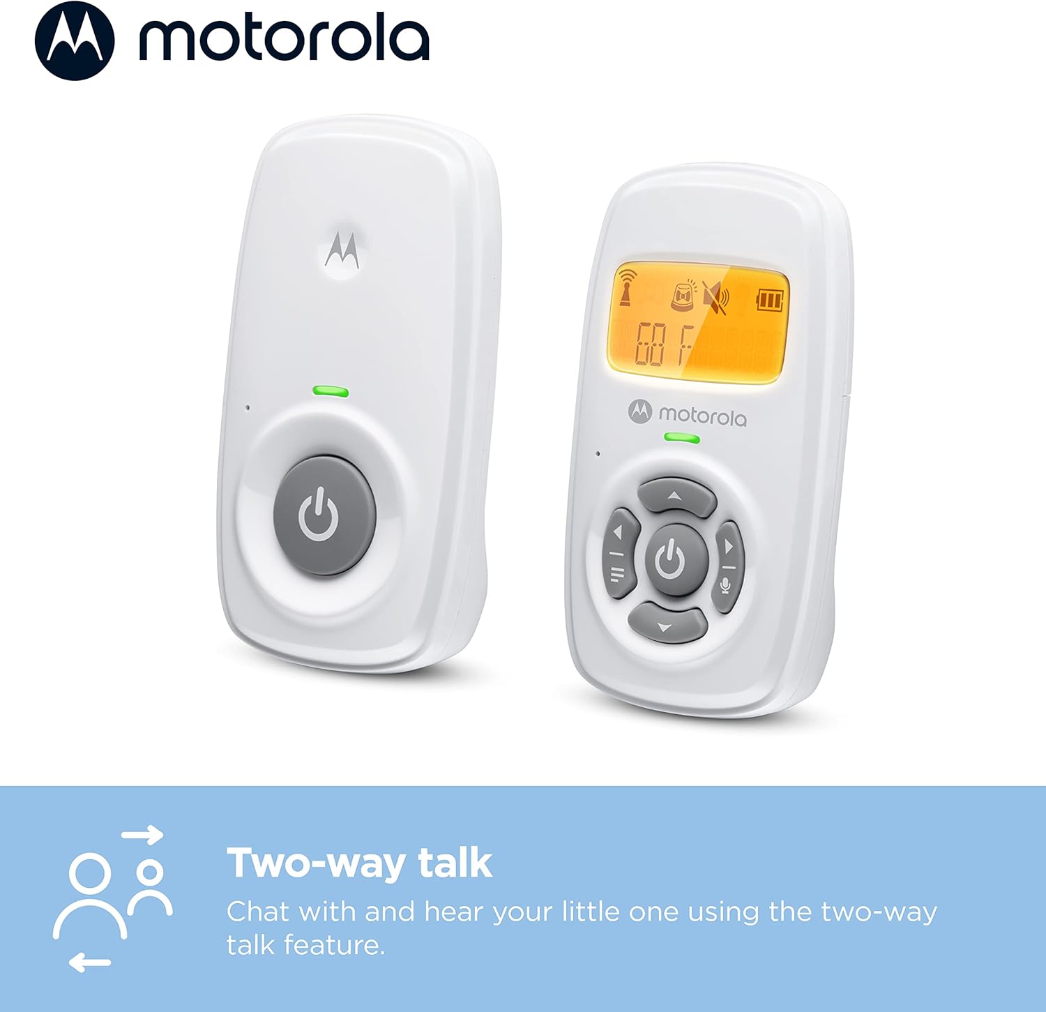 Motorola Nursery AM24 Audio-Only Baby Monitor, LCD Screen, 1000ft Range, 2-Way Talk, Temp Sensor, Portable Parent Unit (Built-in Rechargeable Battery)