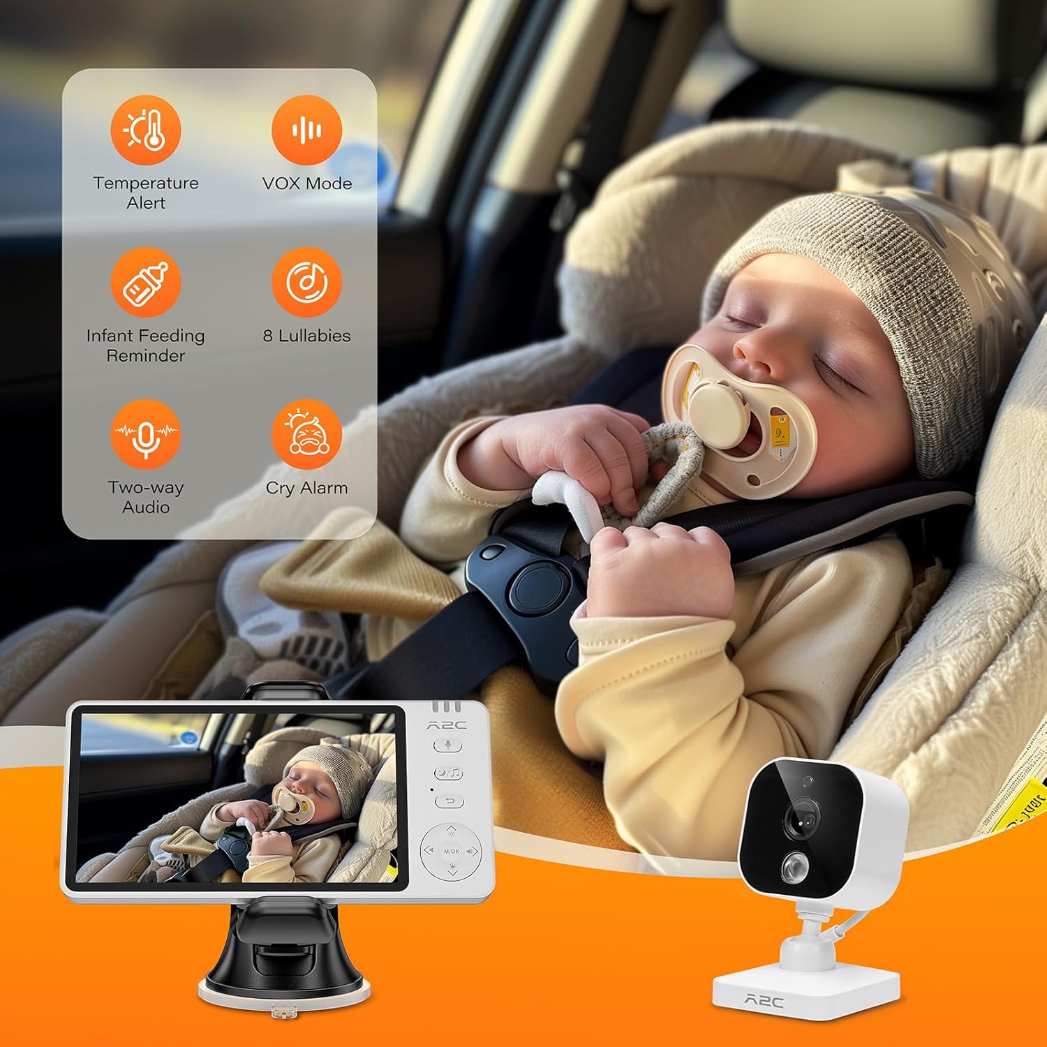71ff22CVFL._AC_SL1500_.jpg A2C Wireless Baby Car Camera, Baby Monitor for Car Backseat & Home (Max. Range 1000FT), 5” HD 1080P Night Vision Screen with 7-Hour Battery, Rear Facing Carseat Monitor, Compatible with All Vehicles