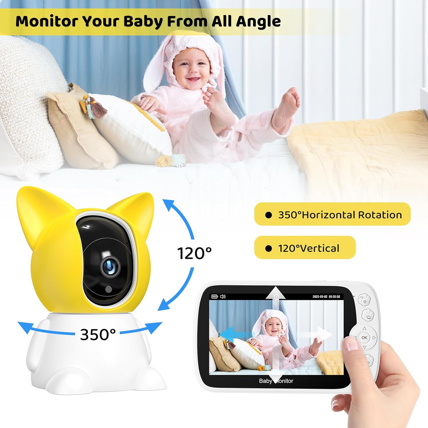 Baby Monitor with Camera and Audio, 1080P Baby Monitor No WiFi, 5'' LCD Screen, Night Vision, 1000ft Long Range, VOX, 8 Lullabies, 2-Way Talk, and Remote Pan Tilt Zoom