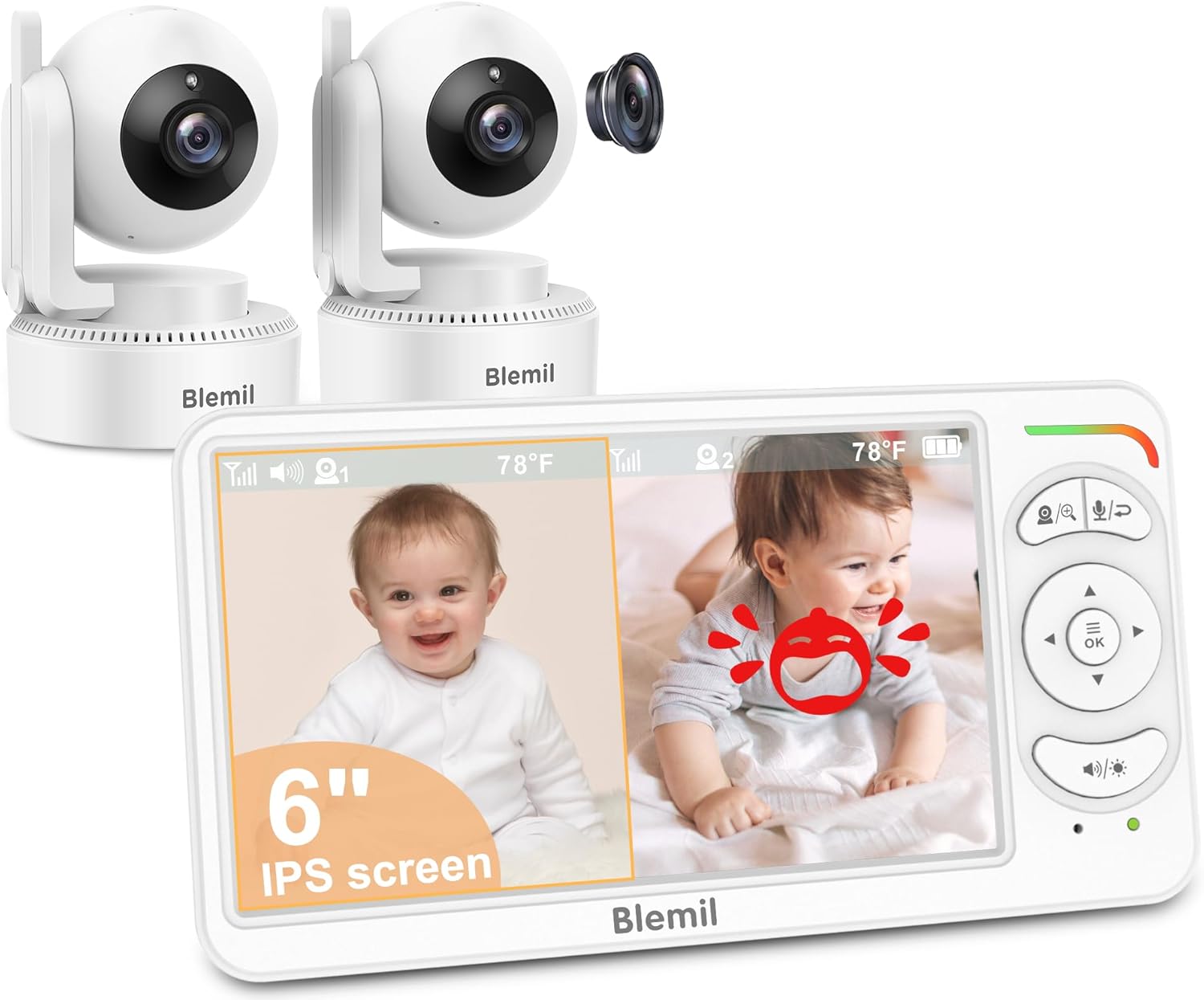 71hhJXKg2wL._AC_SL1500_.jpg 6" Baby Monitor with 2 Cameras and Audio 30 Hours Battery Upgrade Split Screen Video Baby Monitor Remote Pan-Tilt-Zoom 178°Wide-Angle 150 Languages No WiFi ECO 2-Way Talk Night Vision 1000ft Travel