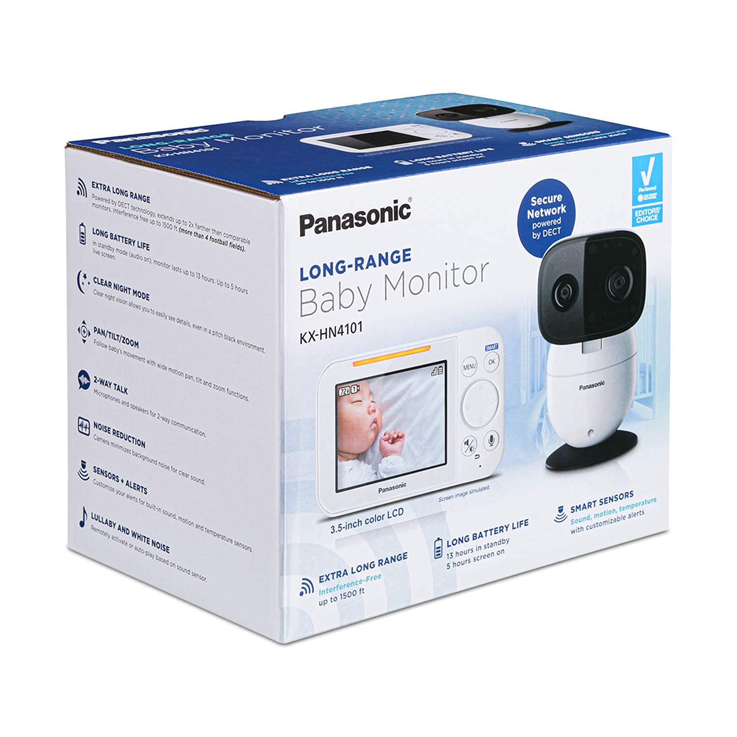 Panasonic Baby Monitor with Camera and Audio, 3.5” Color Video, Extra Long Range, Secure Connection, 2-Way Talk, Soothing Sounds, Remote Pan, Tilt, Zoom - 1 Camera - KX-HN4101W (White)